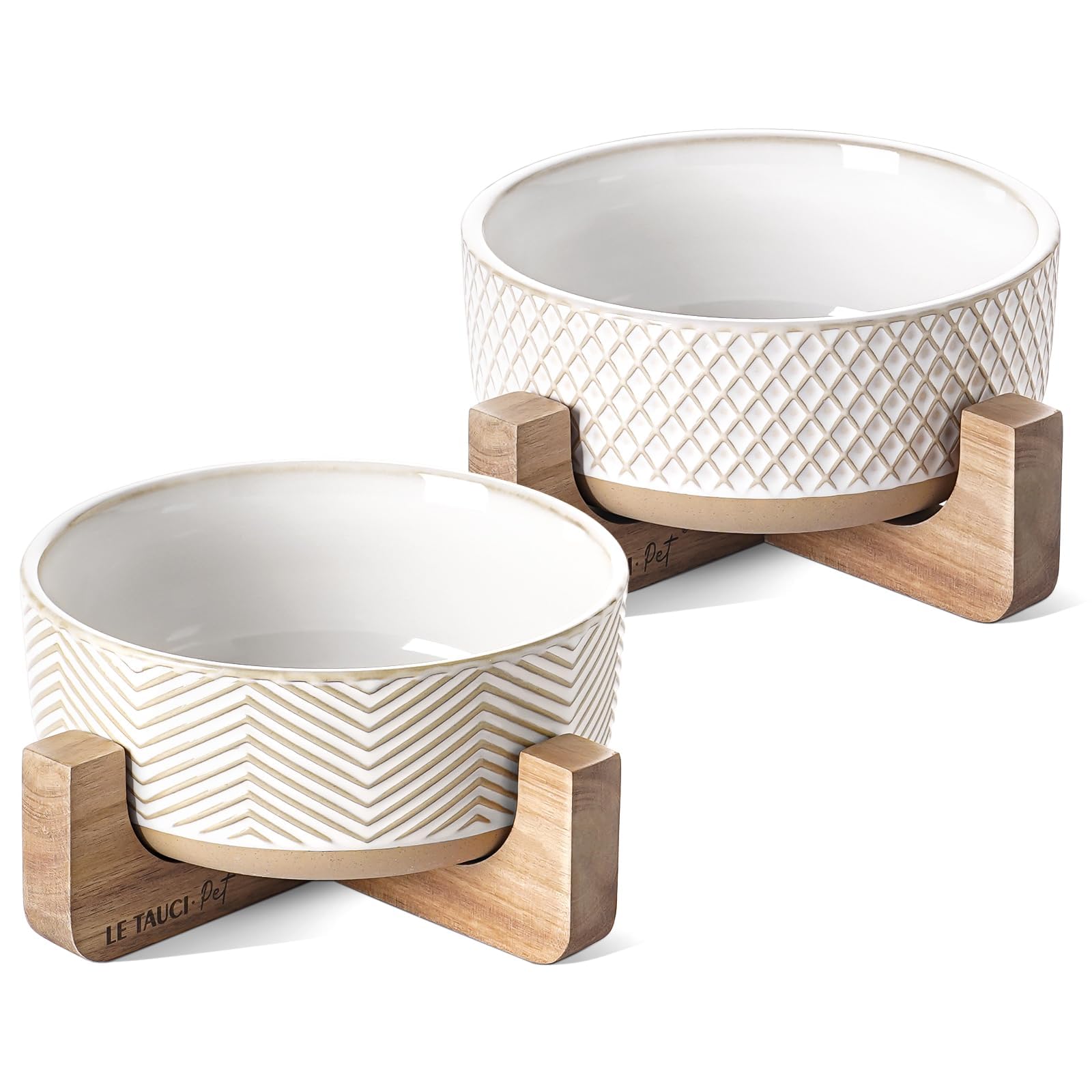 Ceramic Dog Bowl Set, 4 Cups Food and Water Bowl for Small Medium Dogs, Cute Pet Dishes with Wood Stand, Rhombus+Wave Design (Se