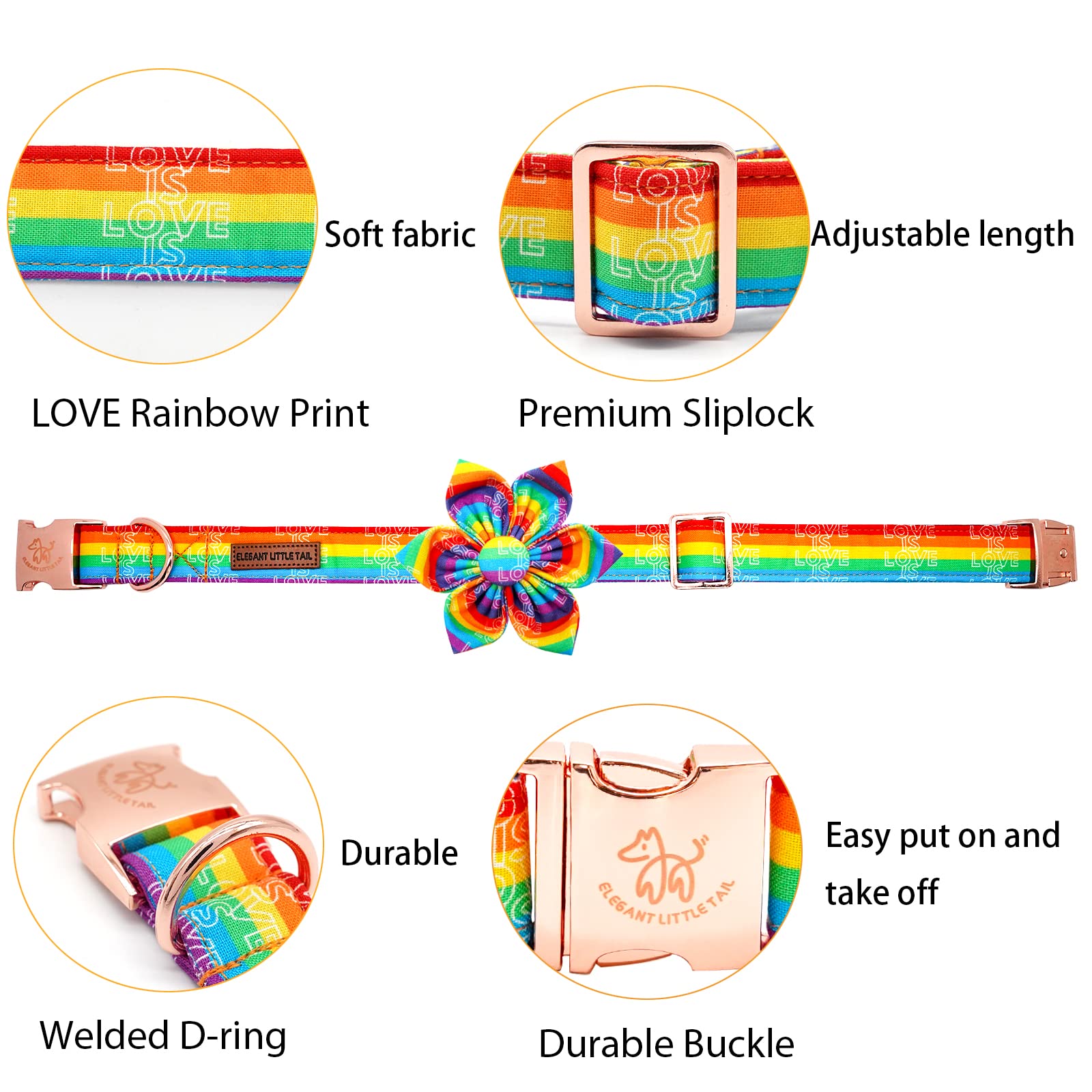 Elegant little tail Dog Collar, Rainbow Flag Dog Collar Flower LGBT Flower Dog Collars Holiday Pet Gift Adjustable Soft Puppy Co