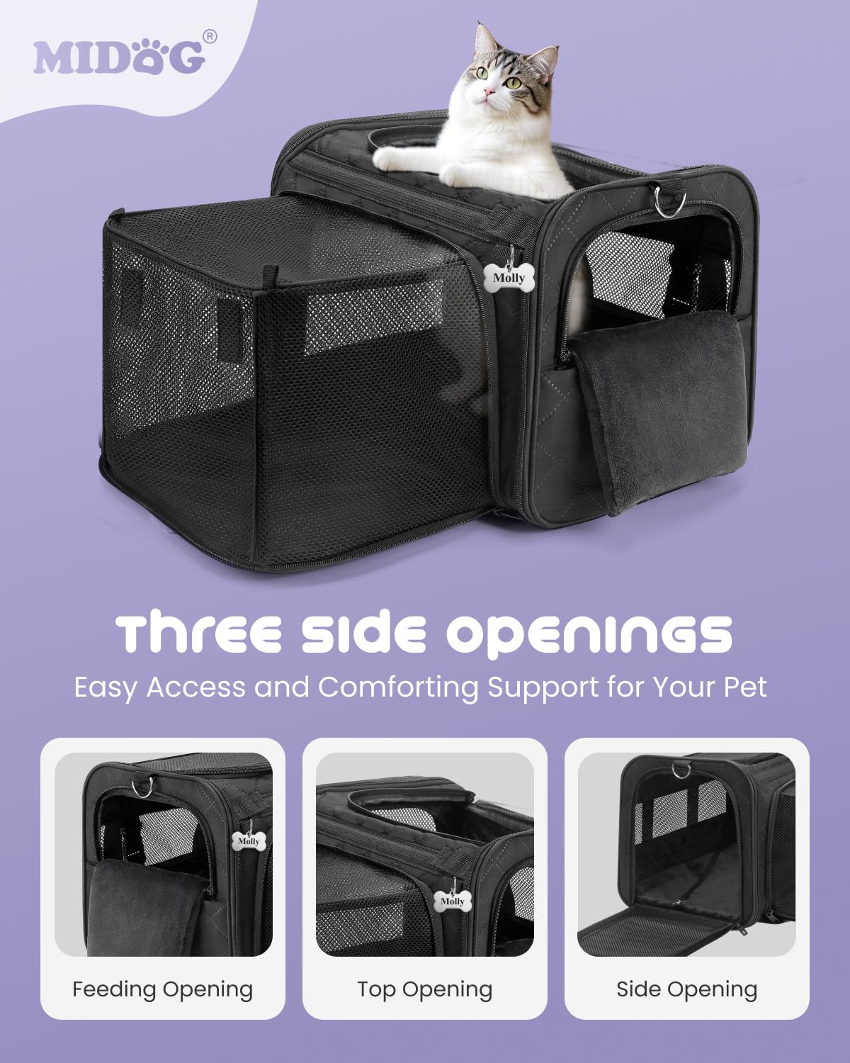 MIDOG Cat Carrier - Soft Sided, TSA Approved, for Cats up to 15 lbs, Black, Model 320