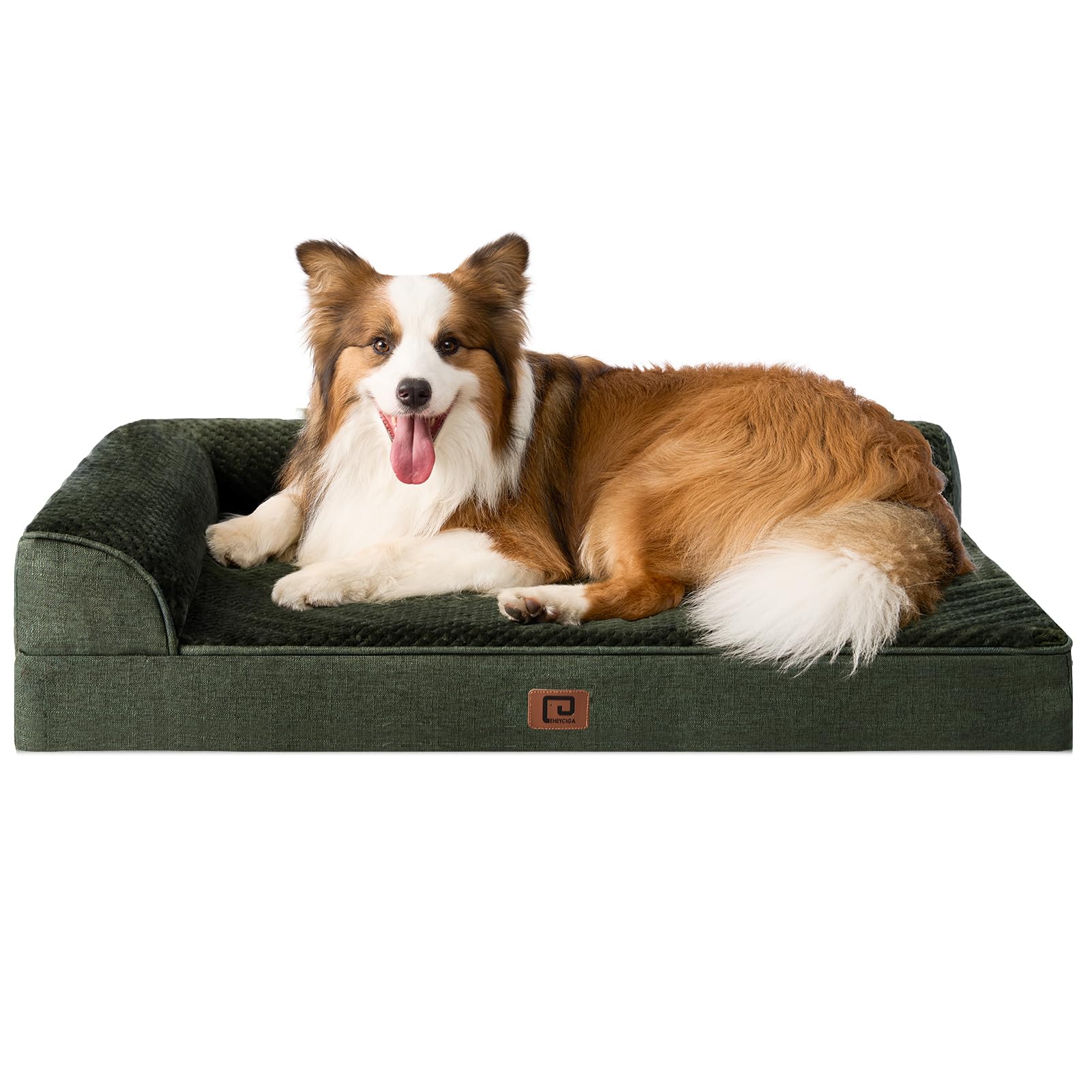 Eheyciga Memory Foam Large Dog Bed, Orthopedic Dog Beds For Large Dogs, Waterproof Egg Crate Dog Couch Bed With Washable Removable Cover And Non-Slip Bottom, L Shaped Dog Bed, Dark Green
