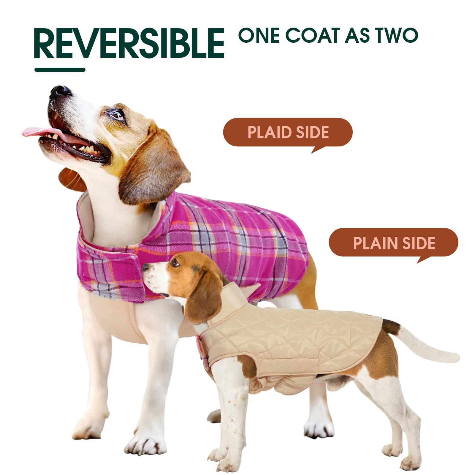 Kuoser Warm Dog Coat, Reversible Dog Jacket Waterproof Dog Winter Coat British Style Plaid Dog Clothes Pet Dog Cold Weather Coats Cozy Snow Jacket Vest For Small Medium Large Dogs Christmas Rose Xl