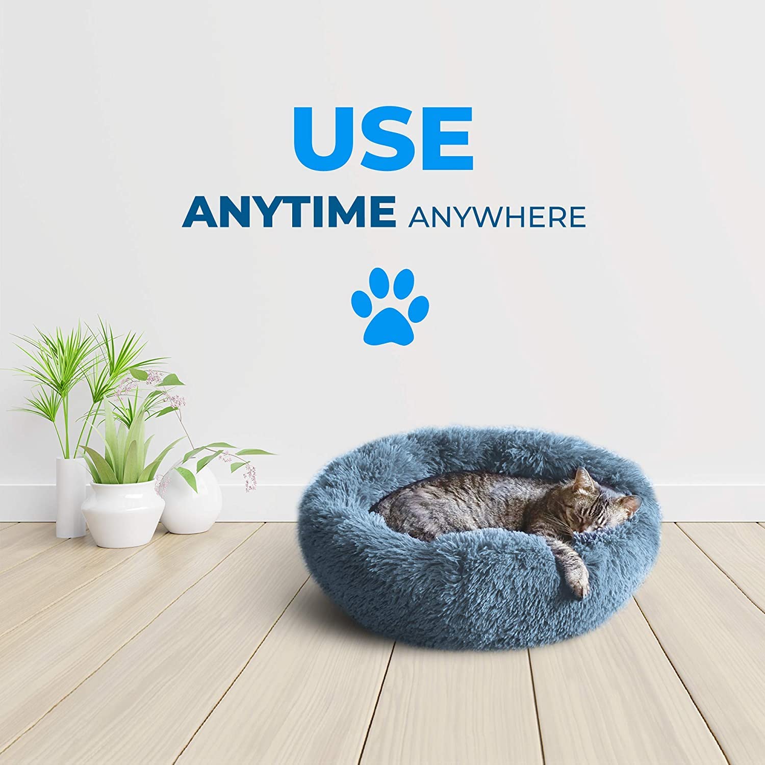 Whiskers & Friends Cat Bed - Plush, Navy-Grey, 23"x23"x7" - Washable Anti-Anxiety Bed for Small Cats & Dogs