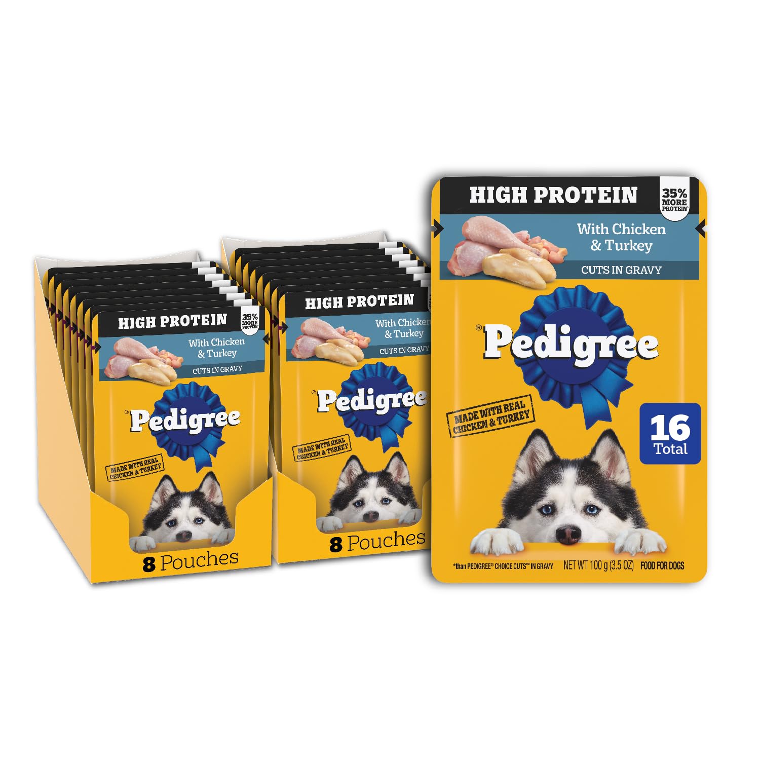 Pedigree High Protein Wet Dog Food Pouches, with Chicken and Turkey Cuts in Gravy, 3.5 oz. Pouches, 16 Count
