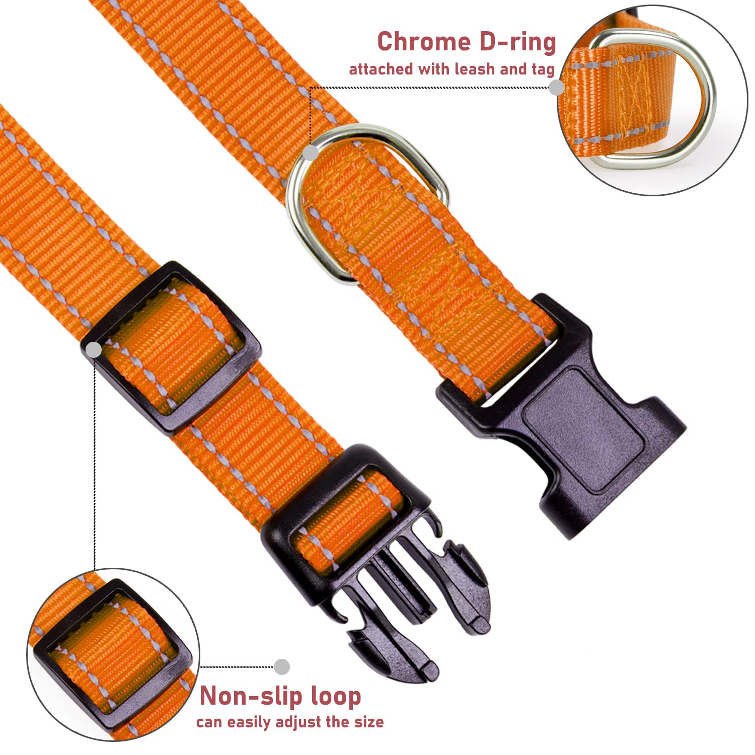 Reflective Dog Collar With Buckle Adjustable Safety Nylon Collars For Small Medium Large Dogs, Orange M