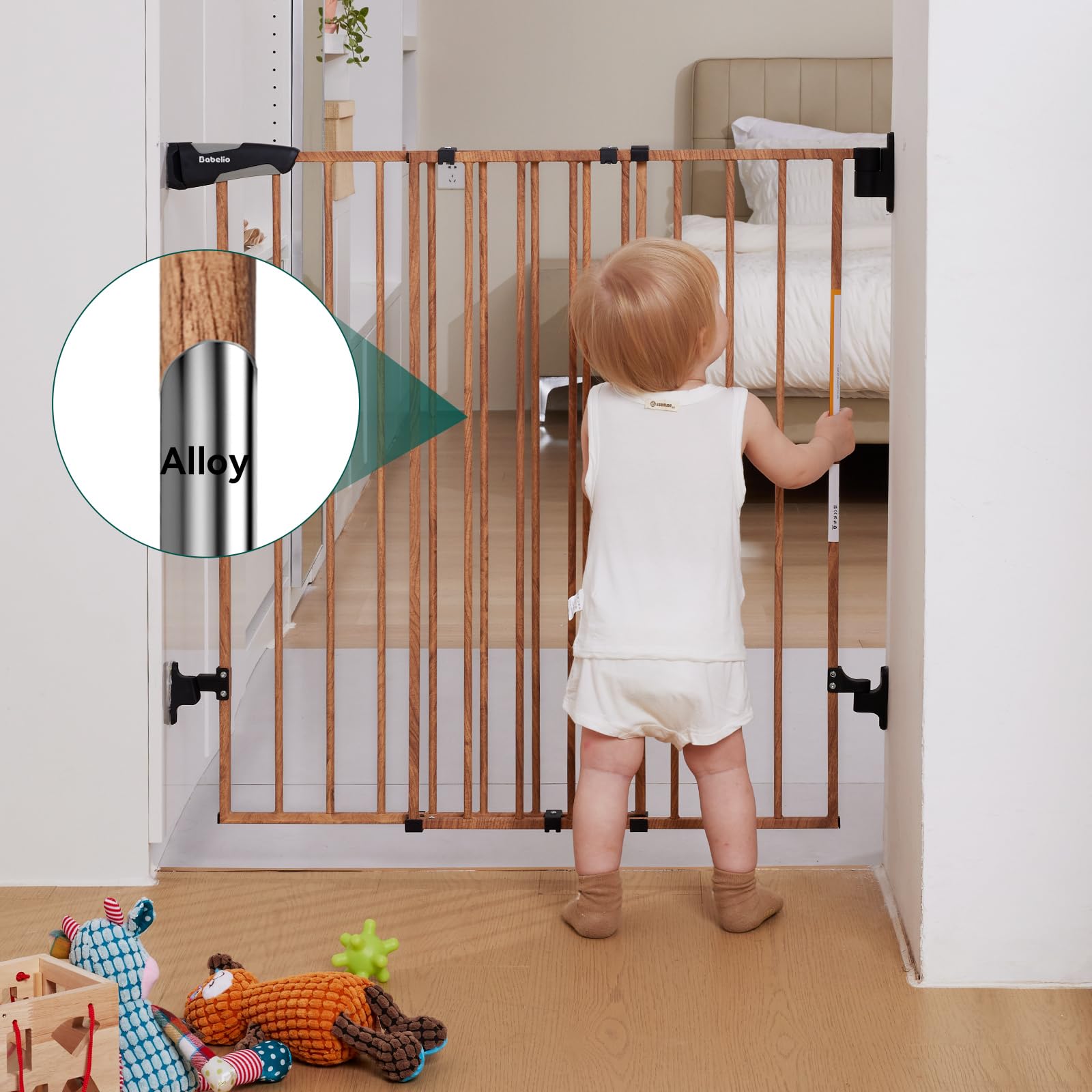 Babelio 34' Extra Tall Baby/Dog Gate With No Threshold Design Walk Thru Door, 26-43' Auto Close Safety Gate For Babies, Elders And Pets, Fits Doorways, Stairs, And Entryways, Brown Wood Pattern