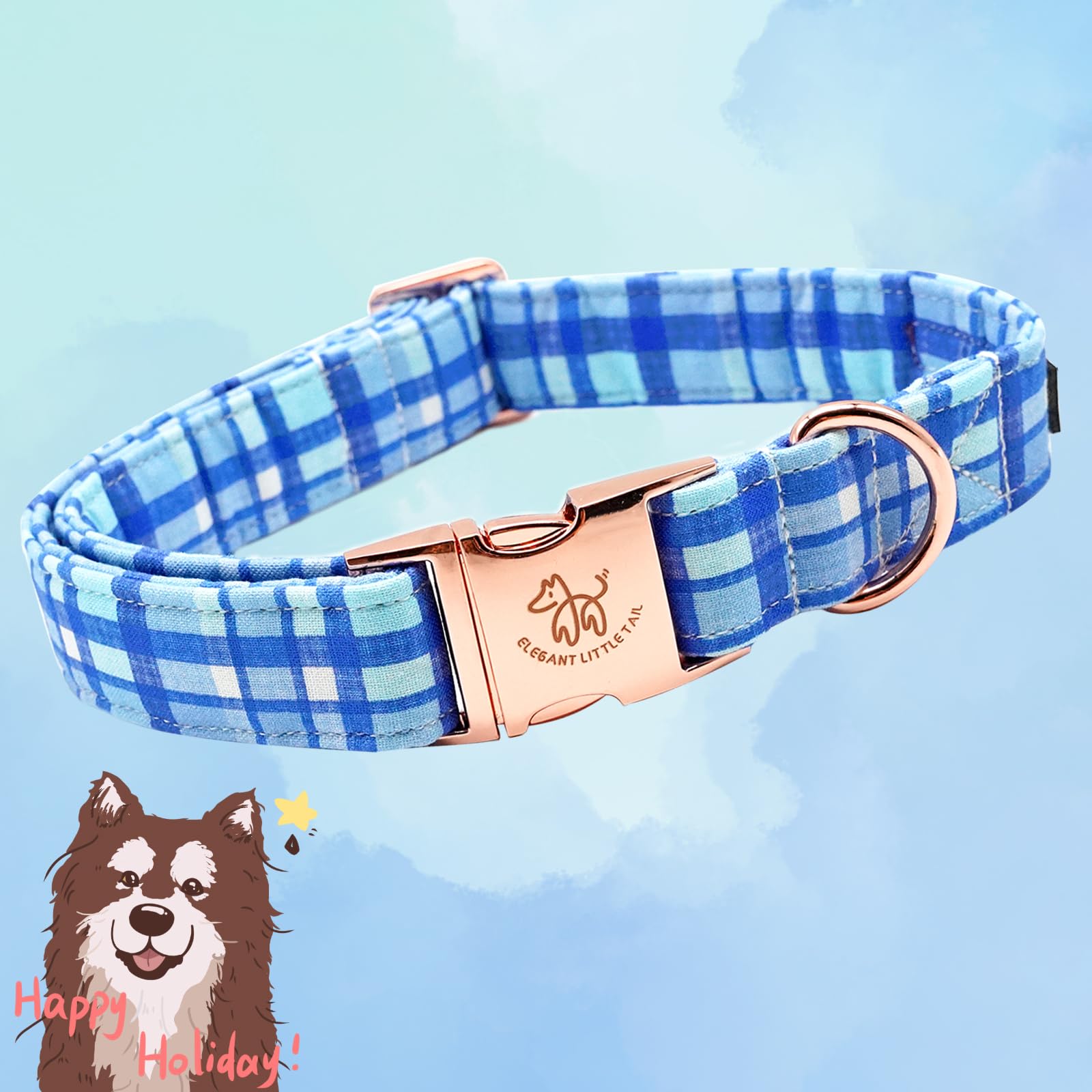 Elegant Little Tail Dog Collar, Blue Plaid Pattern Pet Collar Durable Cute Dog Collars Male Or Female Pet Gift Adjustable Dog Co