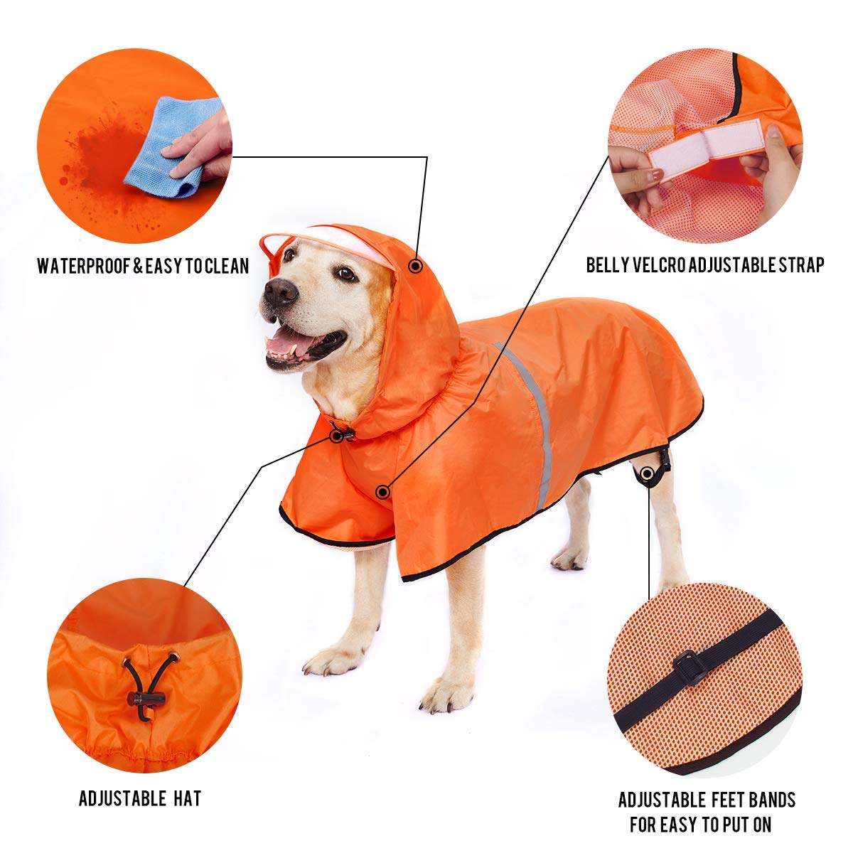 Dog Raincoat With Adjustable Belly Strap And Leash Hole - Hoodie With Reflective Strip - Waterproof Slicker Lightweight Breathable Rain Poncho Jacket For Medium Large Dogs - Easy To Wear, Orange 4Xl