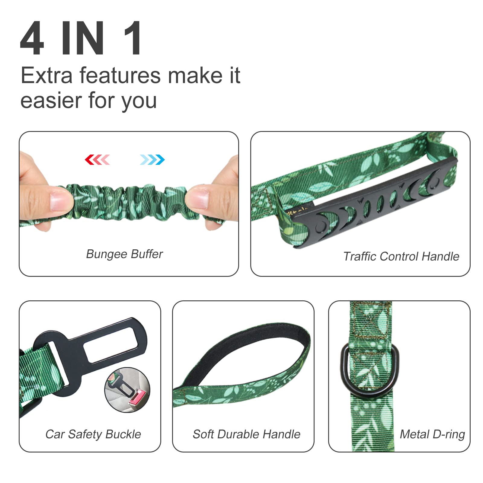 Hotsky Heavy Duty Bungee Dog Leash with Double Handle, 4Ft-6Ft, Shock Absorbing, Rubber, Green for Medium Large Dogs