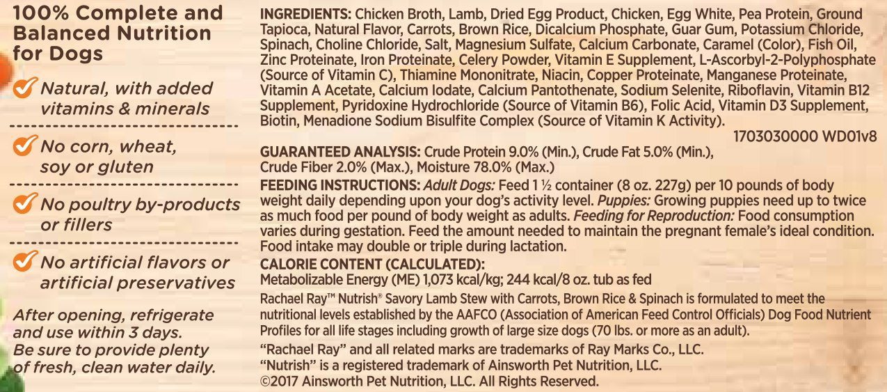 Rachael Ray Nutrish Premium Natural Wet Dog Food, Savory Lamb Stew Recipe, 8 Ounce Tub (Pack of 8)