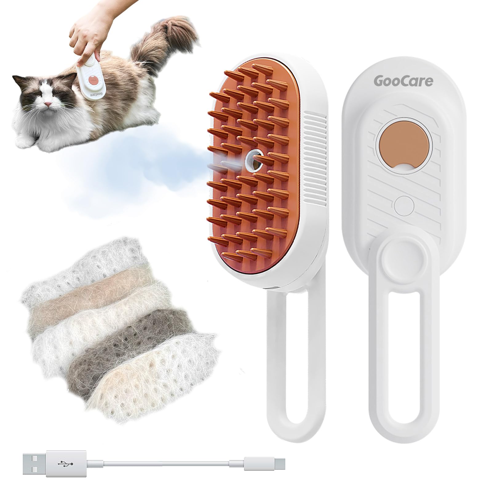 Goocare Enhanced 3-In-1 Cat Steam Brush With Larger Spray Misting, Long Steamy Comb For Undercoat Shedding, Hair Removal & Clean