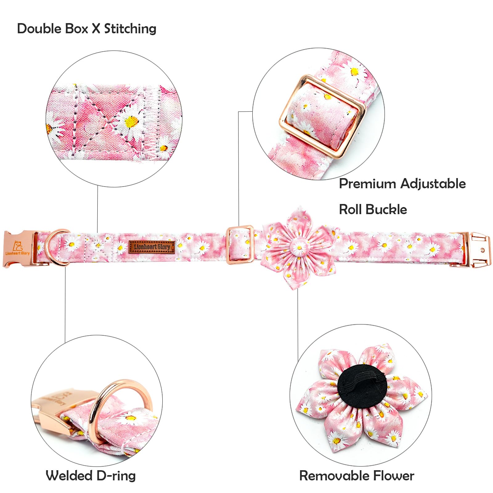 Lionheart Glory Dog Collar With Flower Pink Floral Pattern Dog Collar For Small Dogs, Adjustable Soft Sturdy Girl Collars Flower