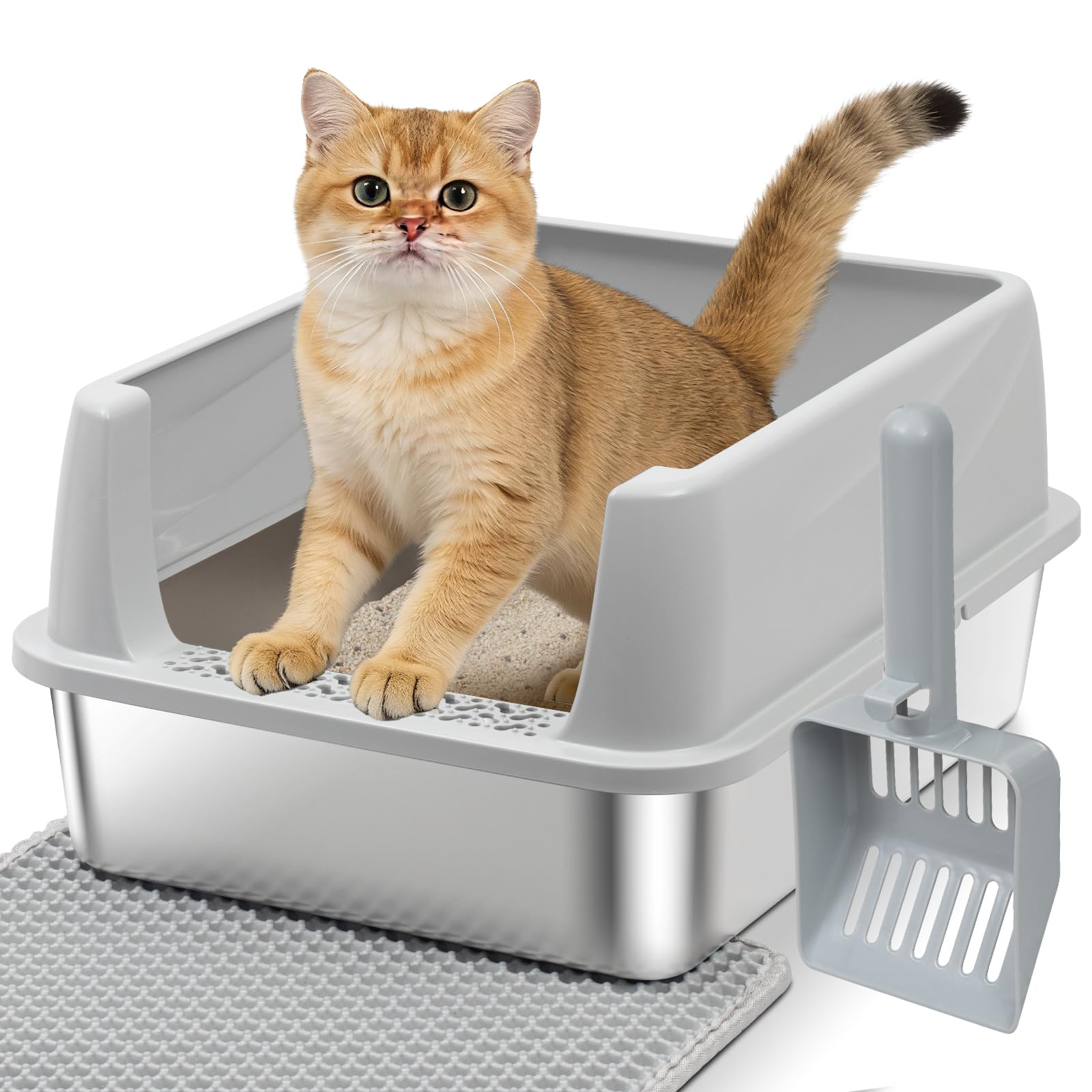 Stainless Steel Litter Box with Lid,Open Top Low Entry Litter Box, Metal Kitty Litter Box for Medium/Small Cats,Odor Control,Ant