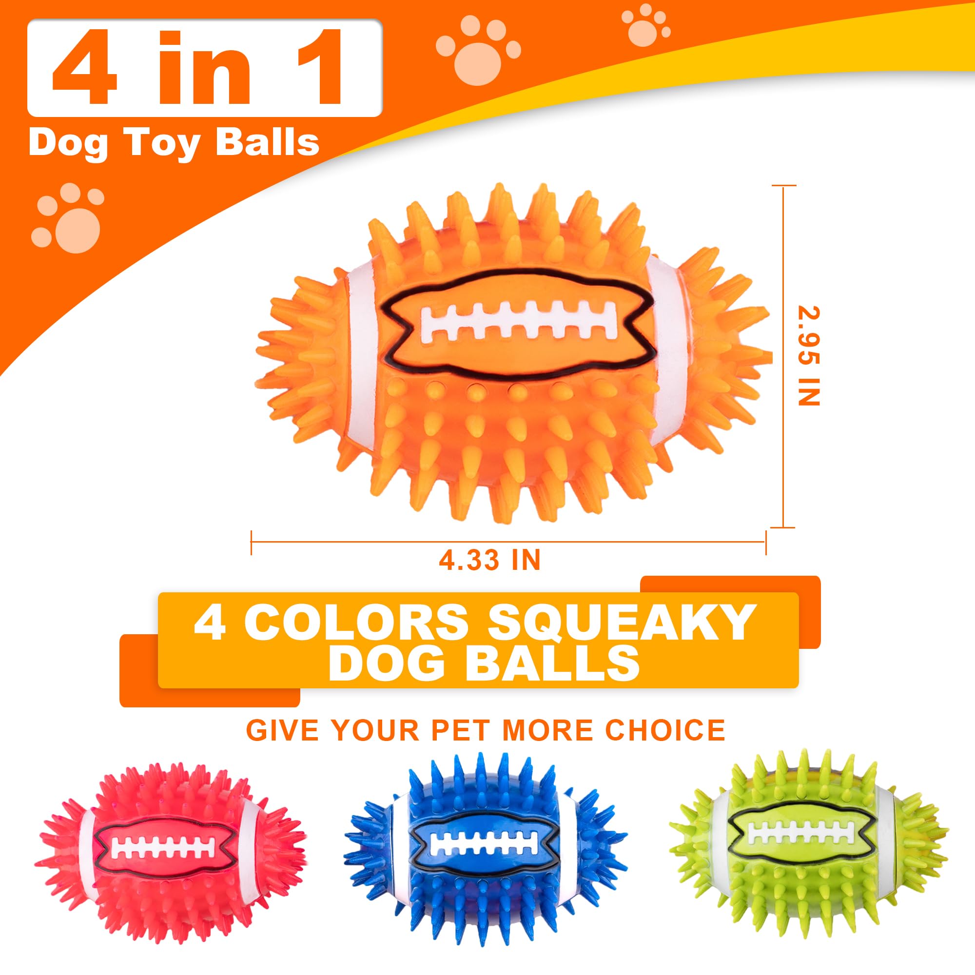 Ghobrofy 4.3    Dog Squeaky Football Toys 4 Pack, Interactive And Durable Spiky Dog Balls For Medium Large Dogs With Rugby Shape