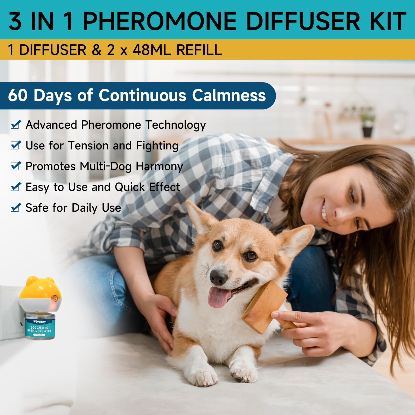 Woyamay Dog Calming Diffuser - Dog Pheromones Calming Diffuser for Dog Anxiety Relief 3-in-1 Dog Pheromone Diffuser Kit with 1 D