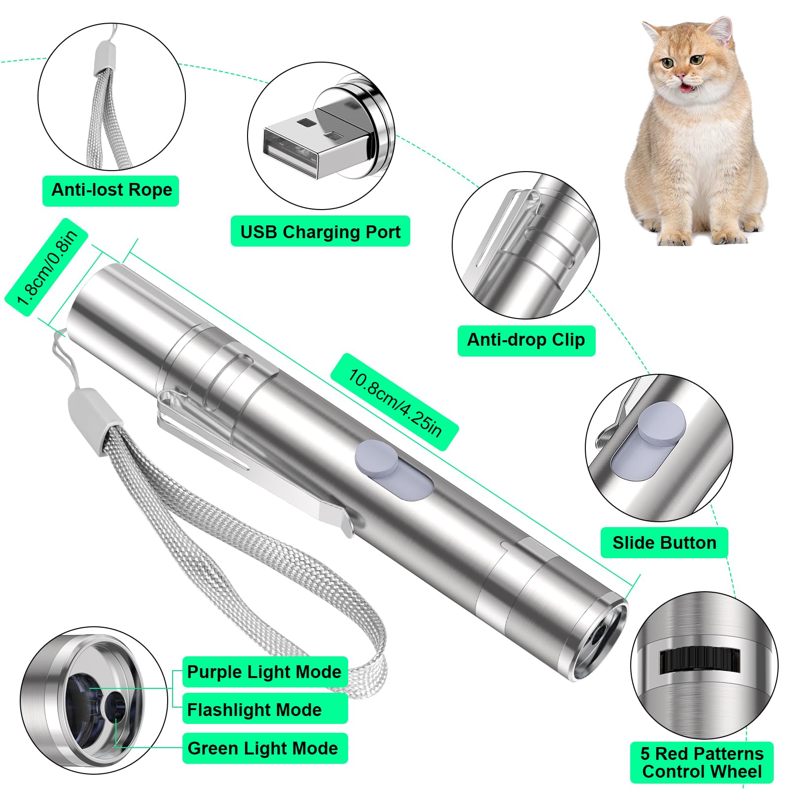 Waputne Cat Toy for Indoor Cats, USB Rechargeable Kitten Toys with 5 Adjustable Green Patterns, Interactive Chase Toys for Indoo
