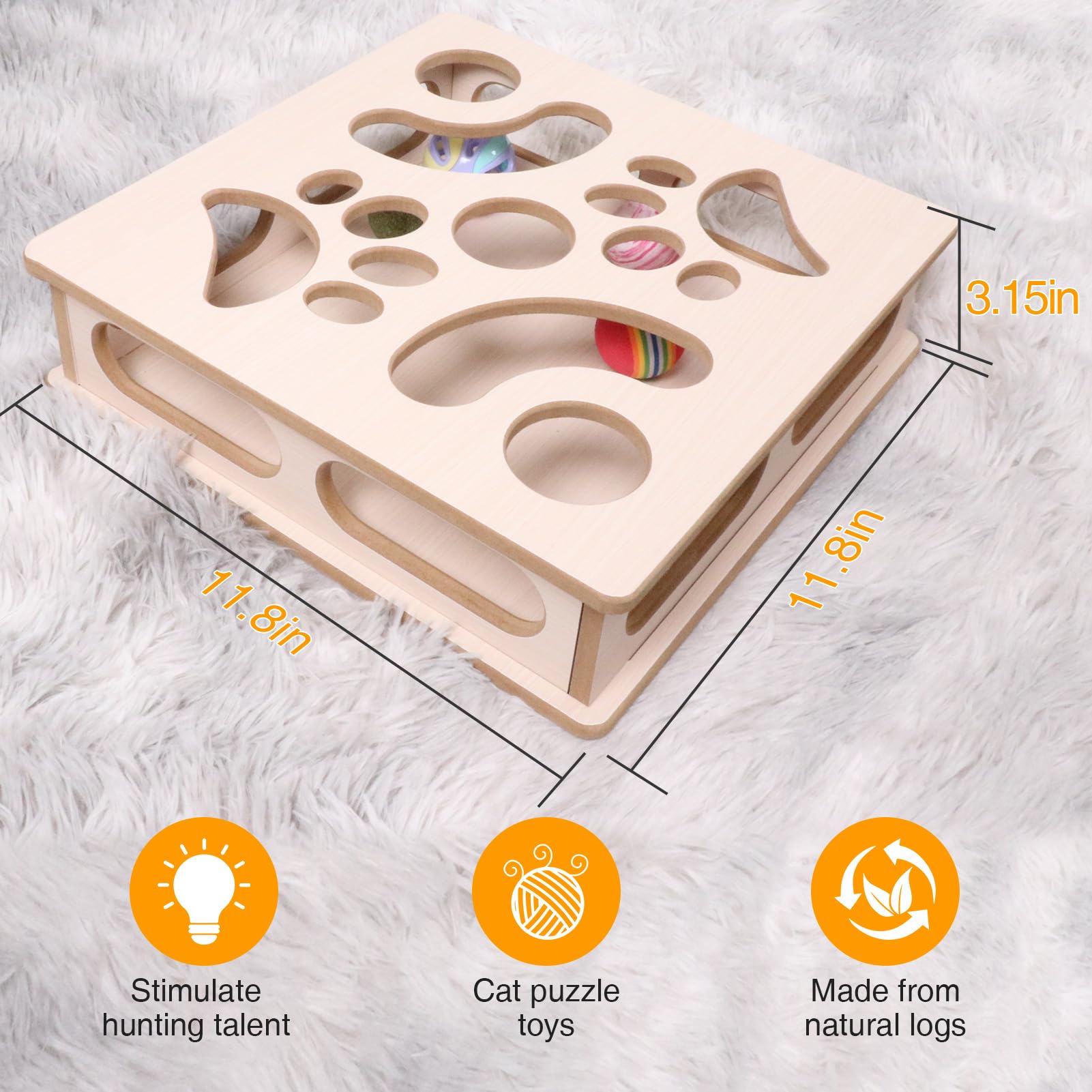 DI BI GRAMAS Cat Interactive Box Puzzle Toy with 3 Small Balls and 1 Bell Indoor Hunting Exercise Toy for Kittens Natural Wood M