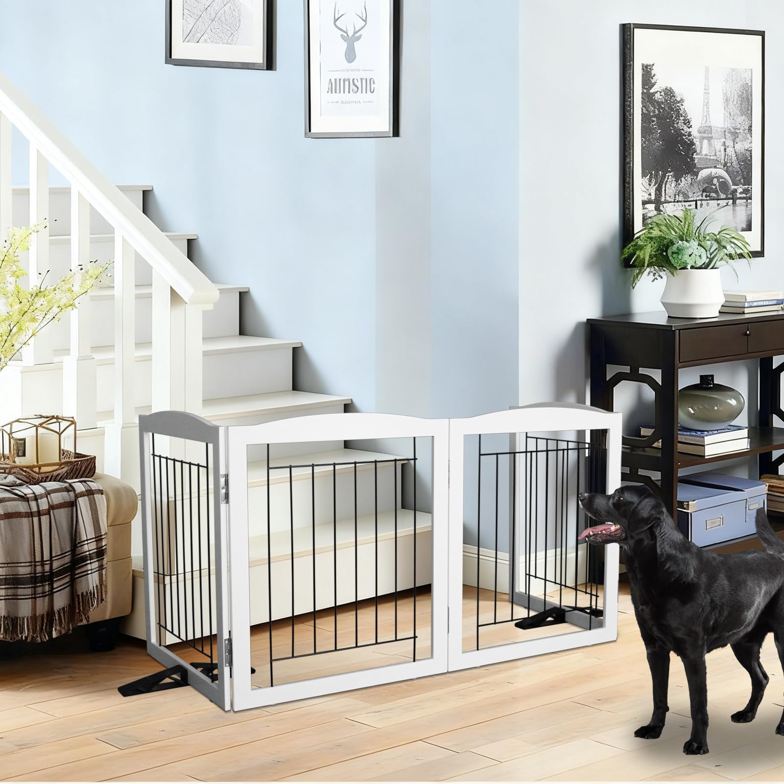 ZJSF Freestanding Dog Fence Indoor, Foldable Dog Gate for Doorways, Stairs or Hallways, Sturdy Wood Extra Wide Pet Gate with Sup