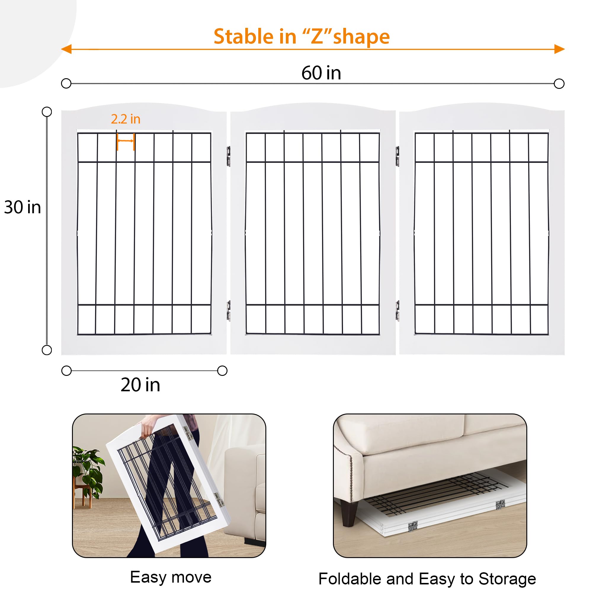 Lzrs 3-Panel Freestanding Adjustable Wooden Dog Gate-30'' Tall Foldable Pet Barrier With Support Feet, Chew-Resistant Solid Hard