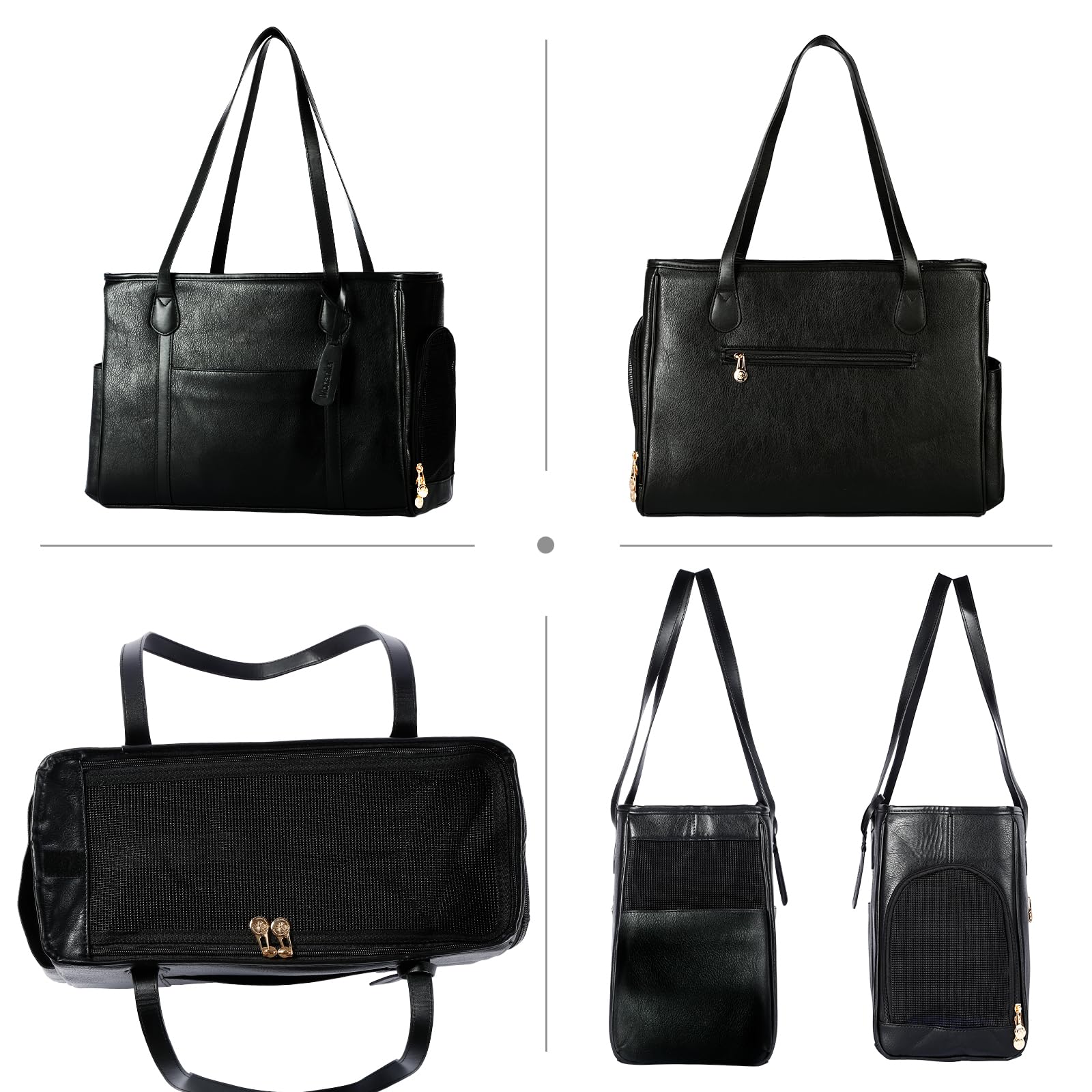 Monanller Stylish Dog Purse Carrier - Vegan Leather Pet Bag for Small Dogs, Airline Approved, 16”x7”x11.5”, Black, Model 01