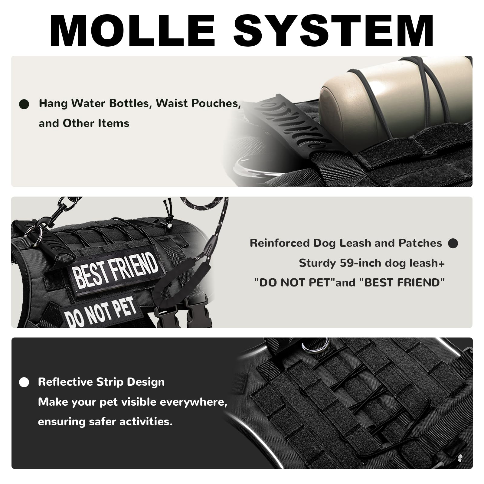 Xihan Tactical Dog Harness for Dogs,Tactical Vest and Leash Set,Patches,Adjustable and Reflective Military Pet Harness for Train