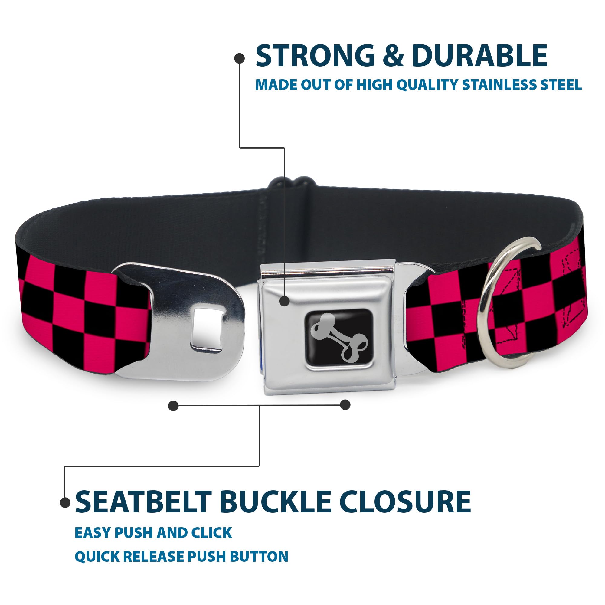 Buckle-Down Seatbelt Buckle Dog Collar - Checker Black/Neon Pink - 1' Wide - Fits 15-26' Neck - Large