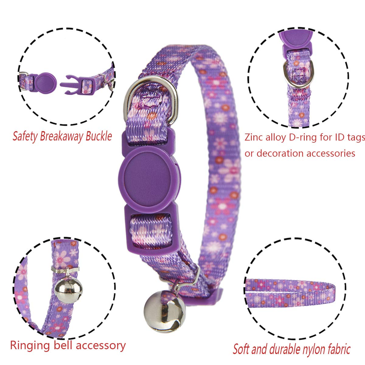 Yudote Breakaway Cat Collar With Bell, 2 Pack Of Adjustable Floral Cat Collars Cute Safety Purple Pink Kitty Strawberry Collar