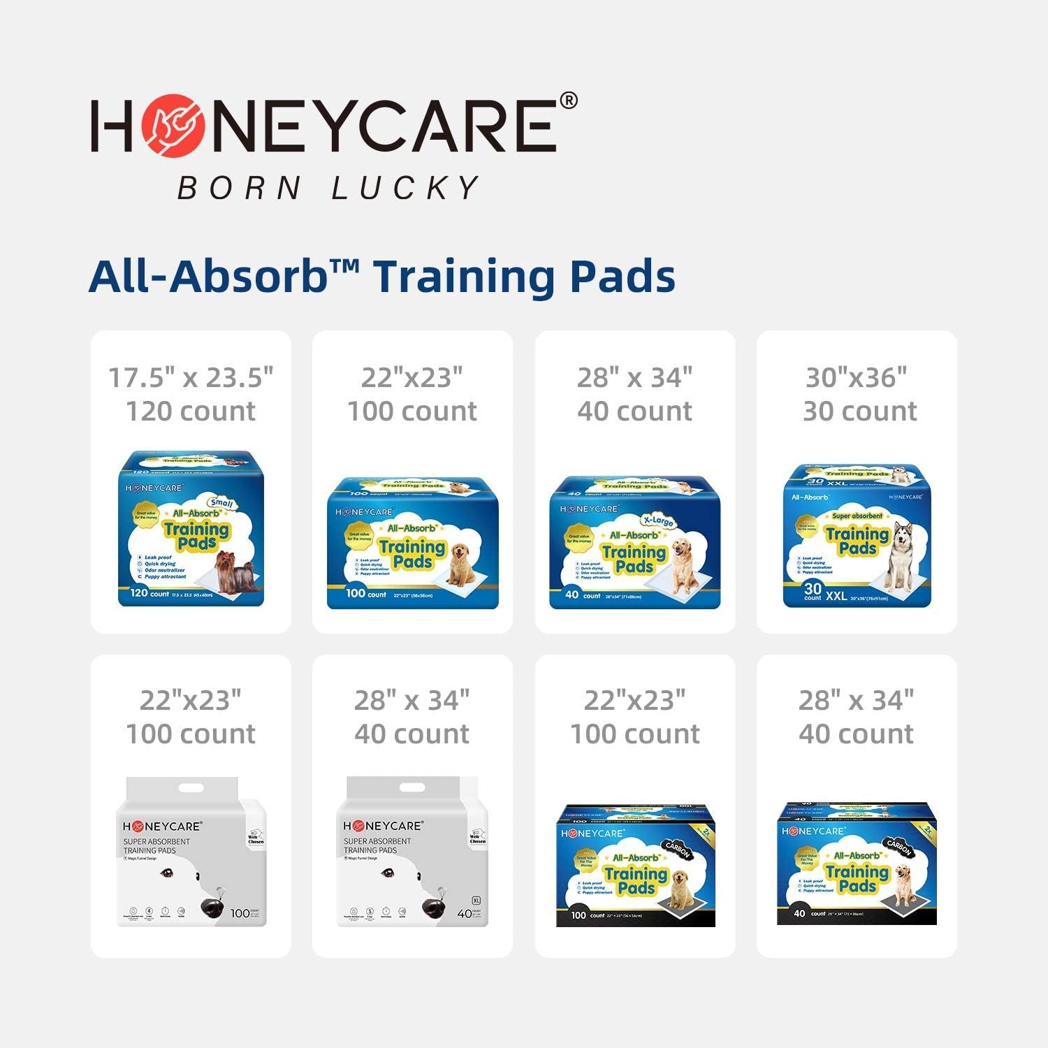 Honey Care All-Absorb Puppy Training Pads | Doggie Potty Pads Absorb Eliminating Urine Odor, Ultra Charcoal Dog Pee Pad (Carbon, L 22X23 Inch, 100Ct)