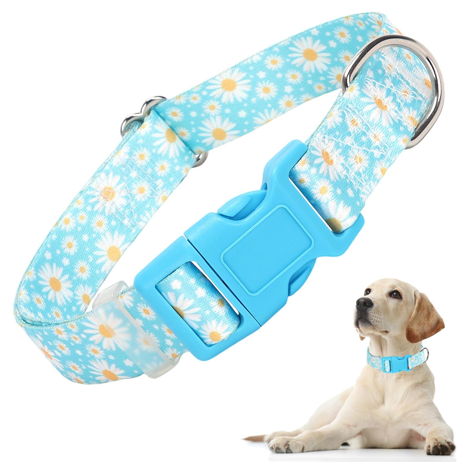 Dog Collars For Large Dogs With Blue Daisy Flowers Floral Design For Boy Girl Dogs, Adjustable Comfy Soft Pet Collar With Safety