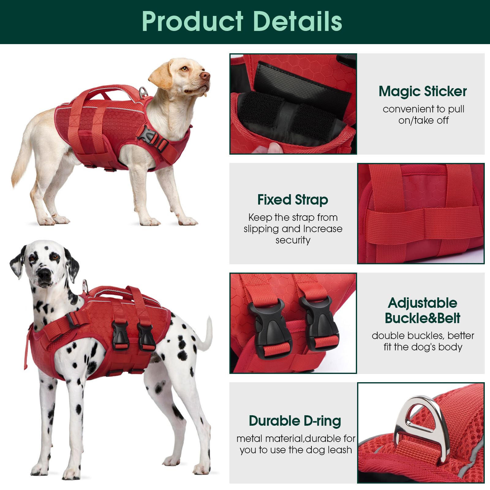 Kuoser Dog Life Jacket High Flotation, Reflective Dog Life Vest For Swimming Boating, Adjustable Small Medium Large Dog Lifejacket, Lightweight Dog Life Preserver Rescue Handle Spring Summer Pool