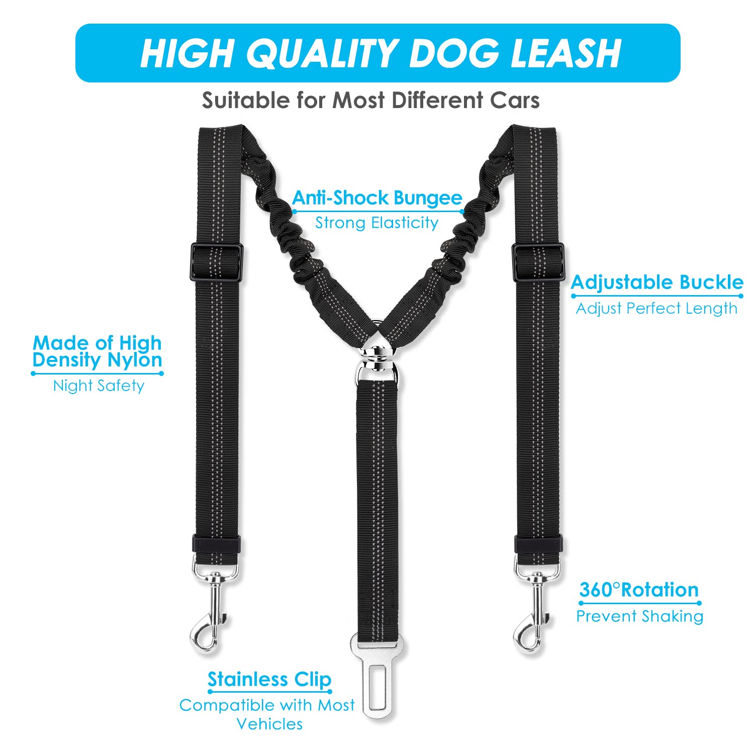 Slowton Dog Seat Belt, Double Dog Seatbelt Adjustable Vehicle Safety Leash With Elastic Bungee Buffer, Reflective No Tangle Y Shape Two Dog Harness Seat Belt Splitter For Pets Car Trip (Black, S)