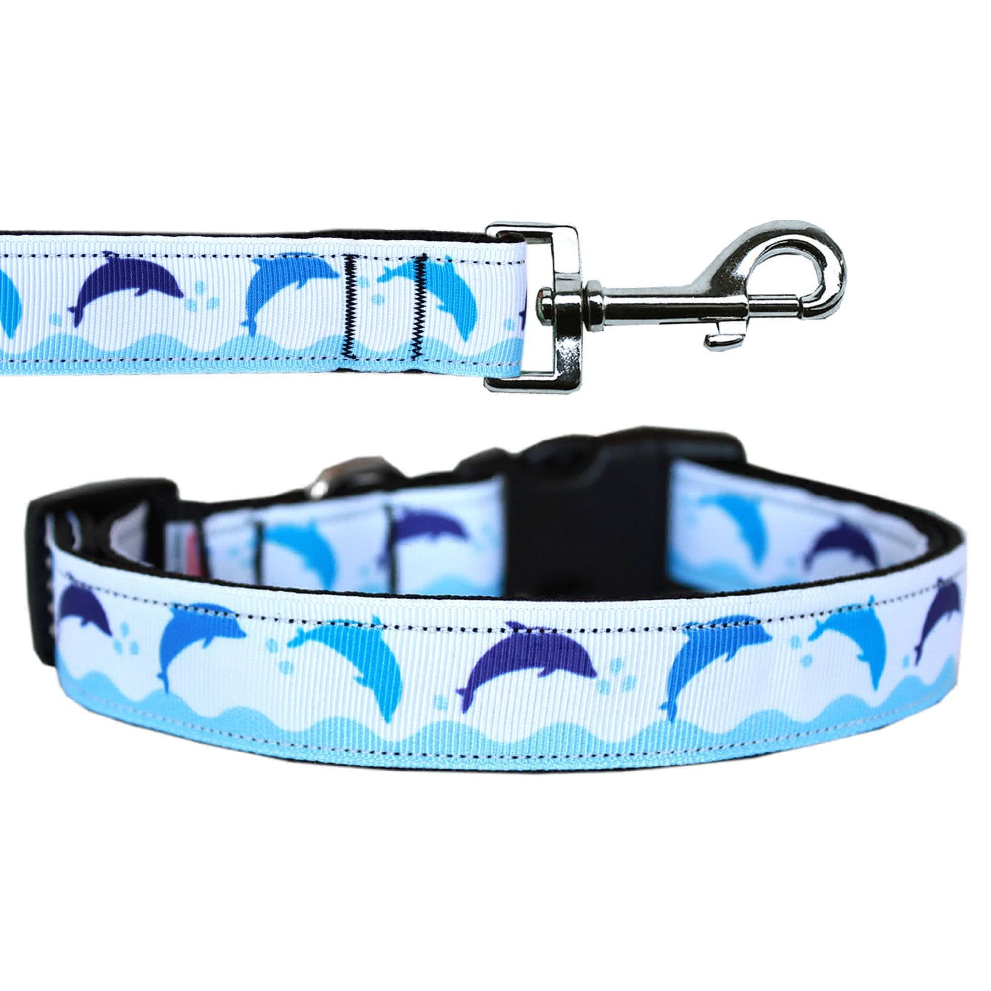 Pet Dog & Cat Nylon Collar or Leash, "Blue Dolphins" SM Collar