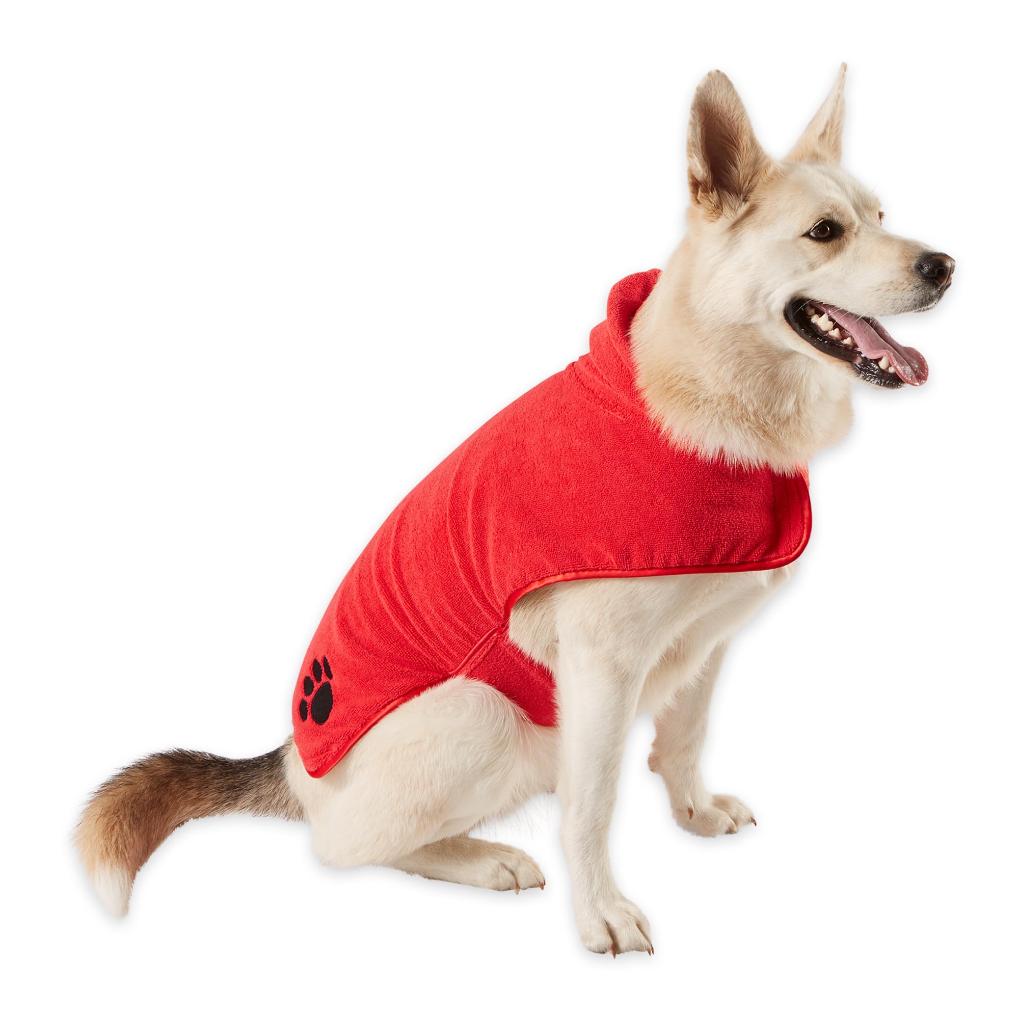 Bone Dry Pet Robe Collection Embroidered Absorbent Microfiber Bath Robe With Adjustable Closure, For Dogs & Cats, Large, Red