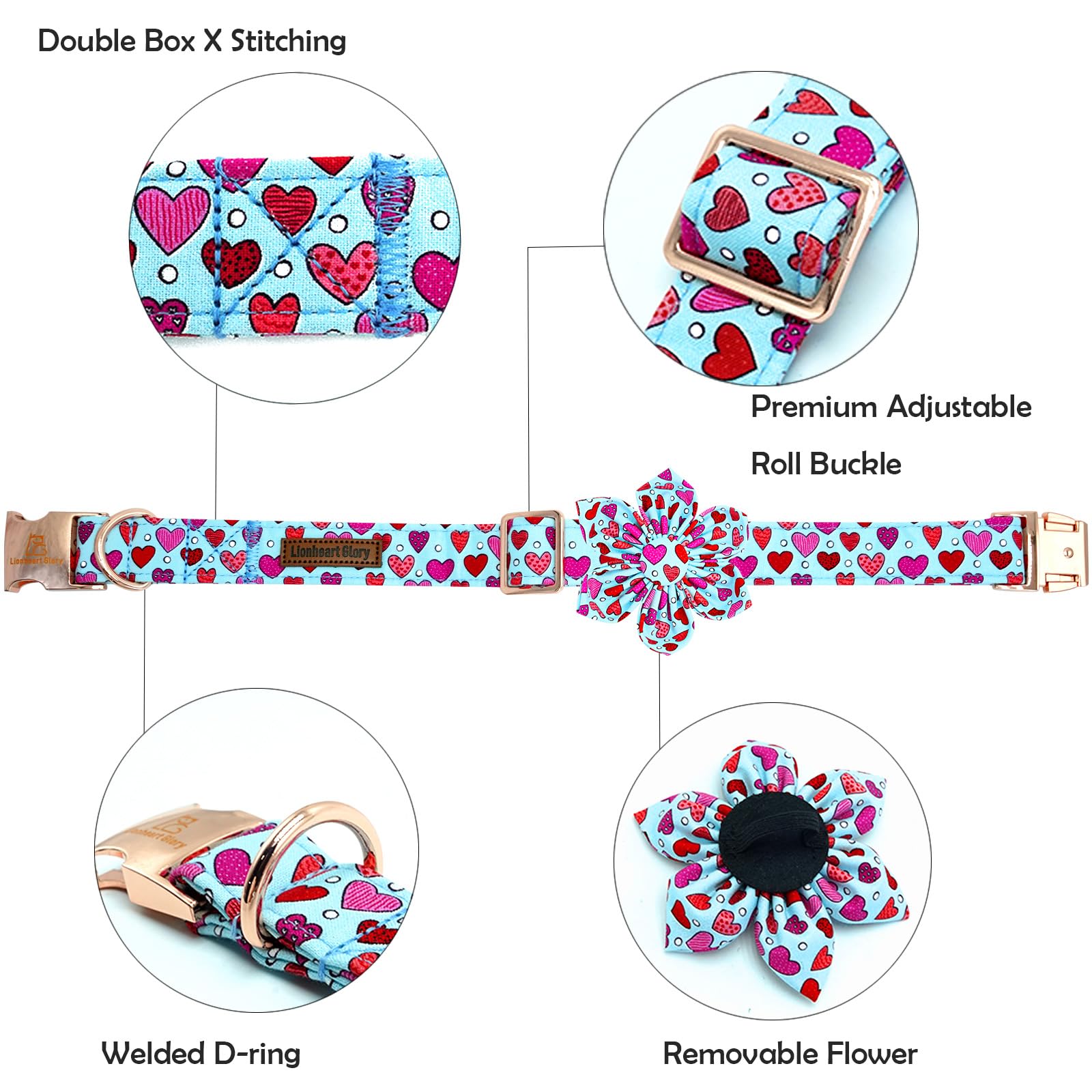 Lionheart Glory Valentine'S Day Dog Collar-Red Hearts Print Dog Collar With Flower For X-Small Dogs Spring Blue Cute Dog Bow Col