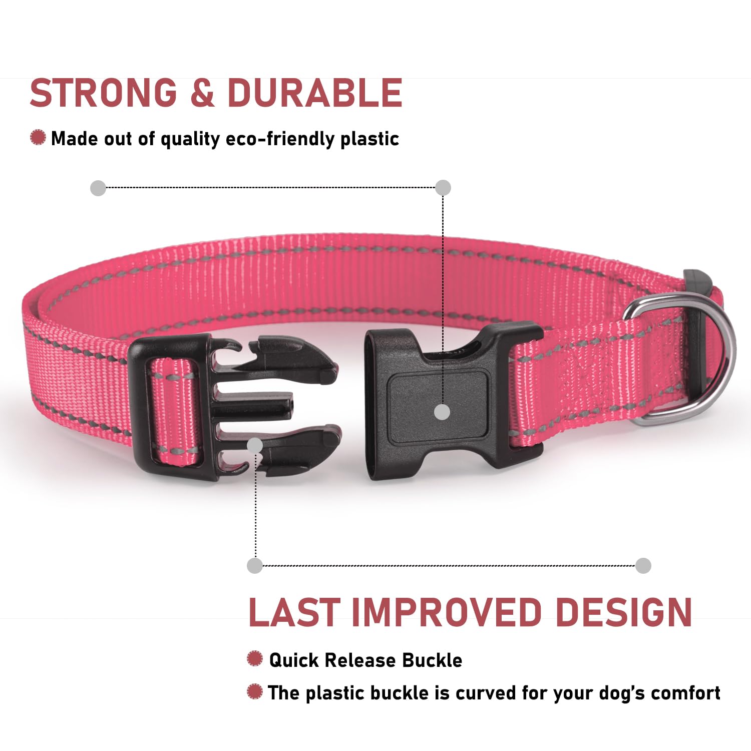 Reflective Dog Collar With Buckle Adjustable Safety Nylon Collars For Small Medium Large Dogs, Light Pink M