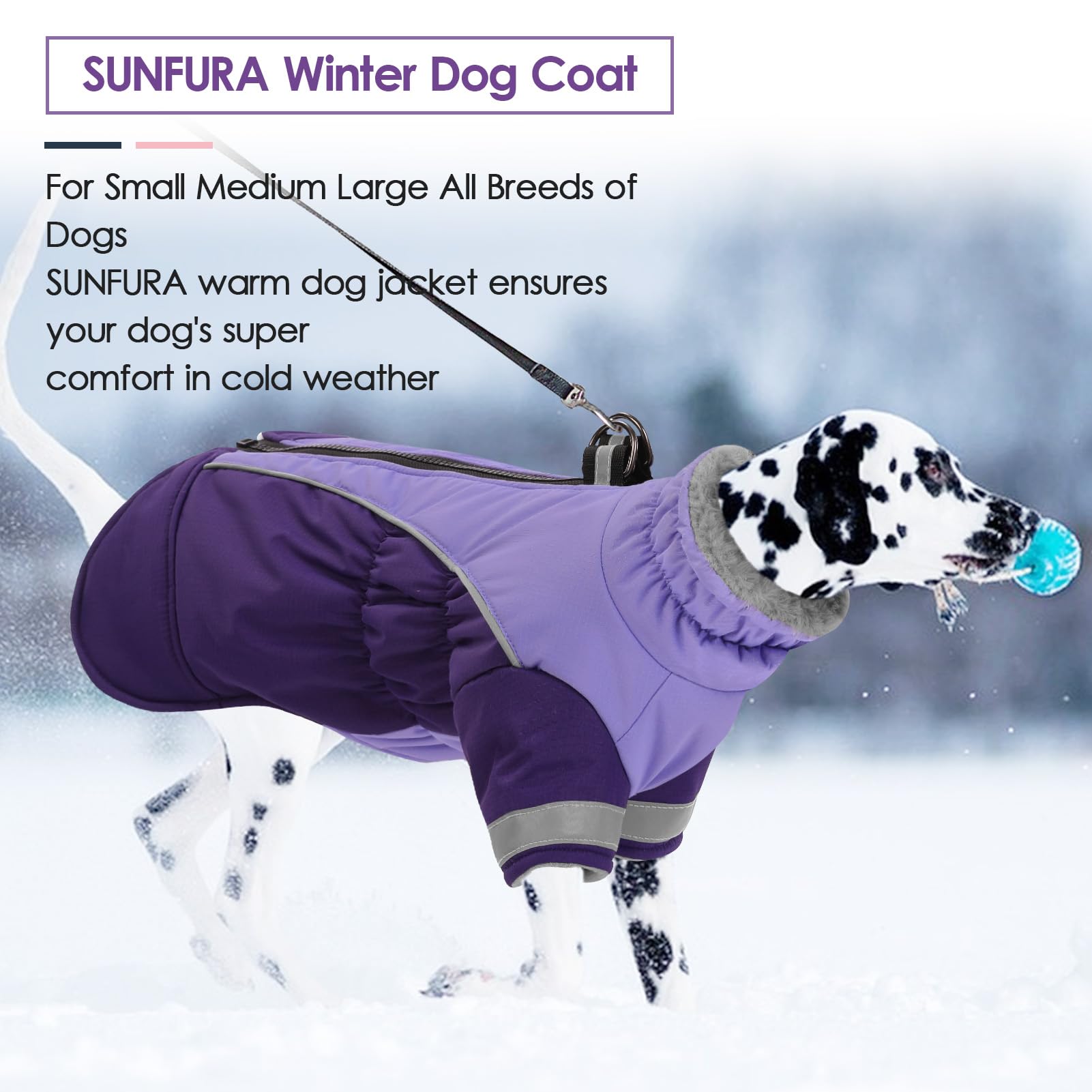 SUNFURA Dog Coat - Turtleneck Fleece Puffer Jacket for Medium Dogs, Purple, Model 1308-SF-528MF, Reflective, Winter Snowsuit