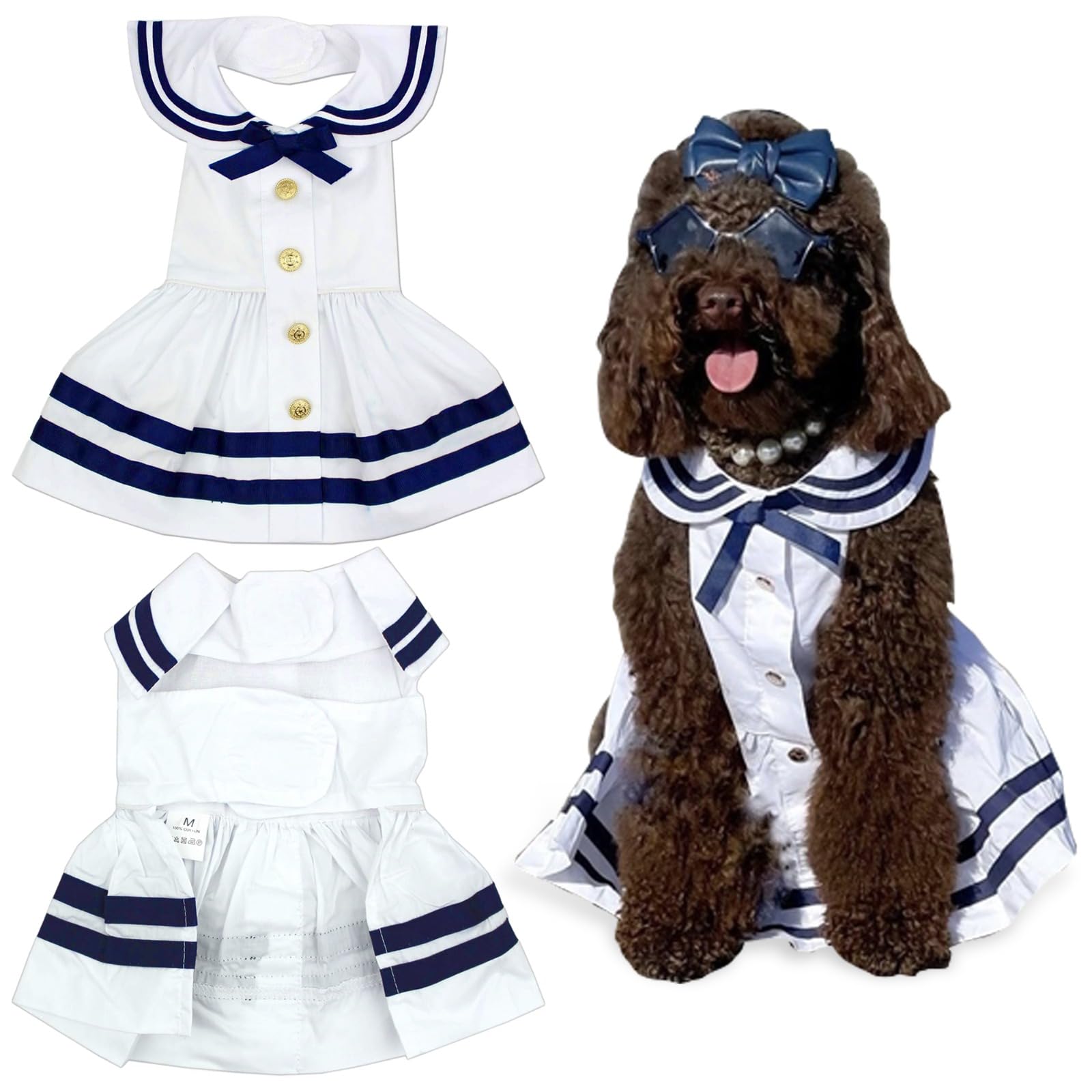 Parisian Pet Dog Dress - Lightweight Sailor Outfit - Breathable Summer Clothes - Pure Cotton White And Blue Dressy Outfit - Girl