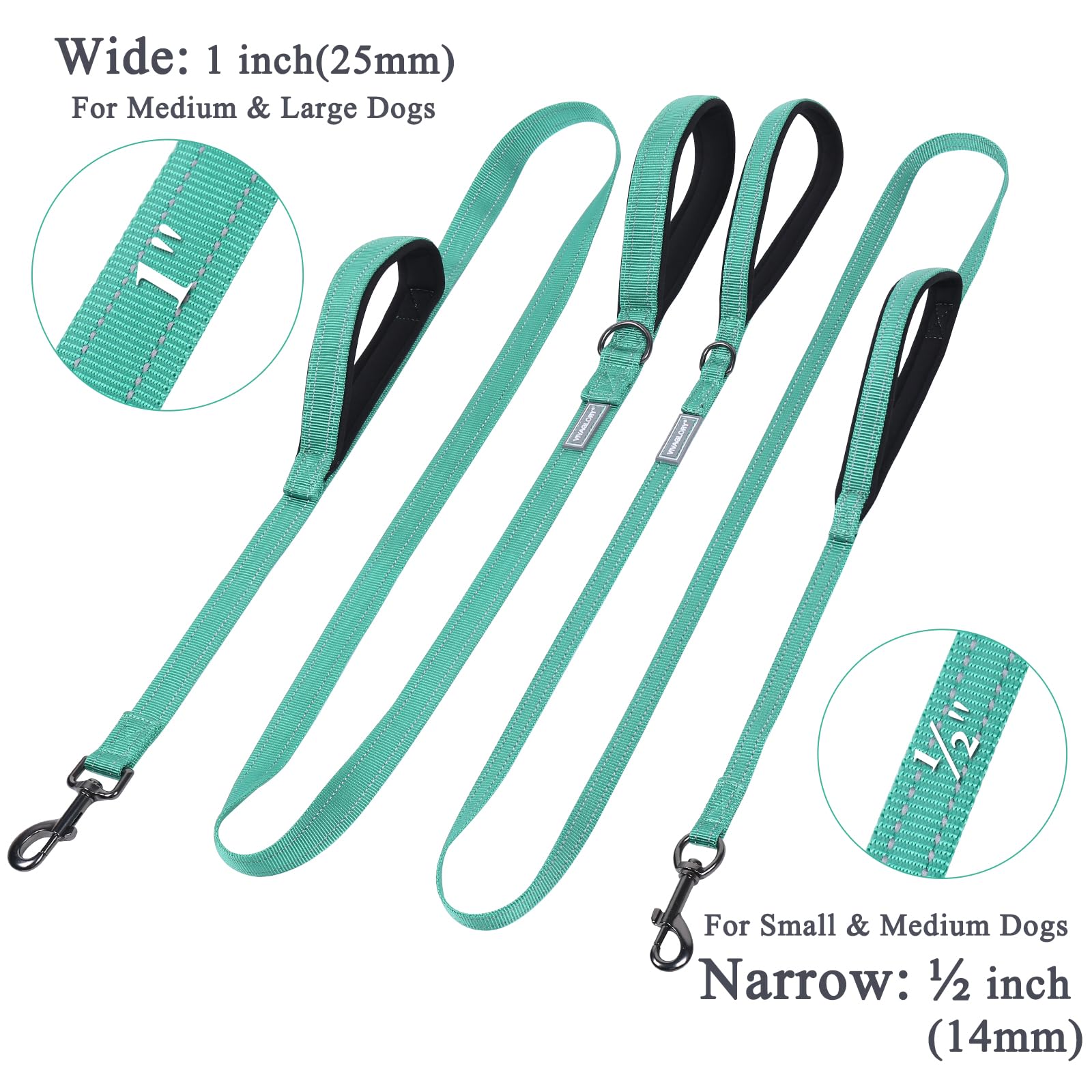 Vivaglory Traffic Handle Dog Leash, Two Padded Soft Handles Dog Leash, Strong Reflective & Metal Hook Training Pet Lead, Turquoi