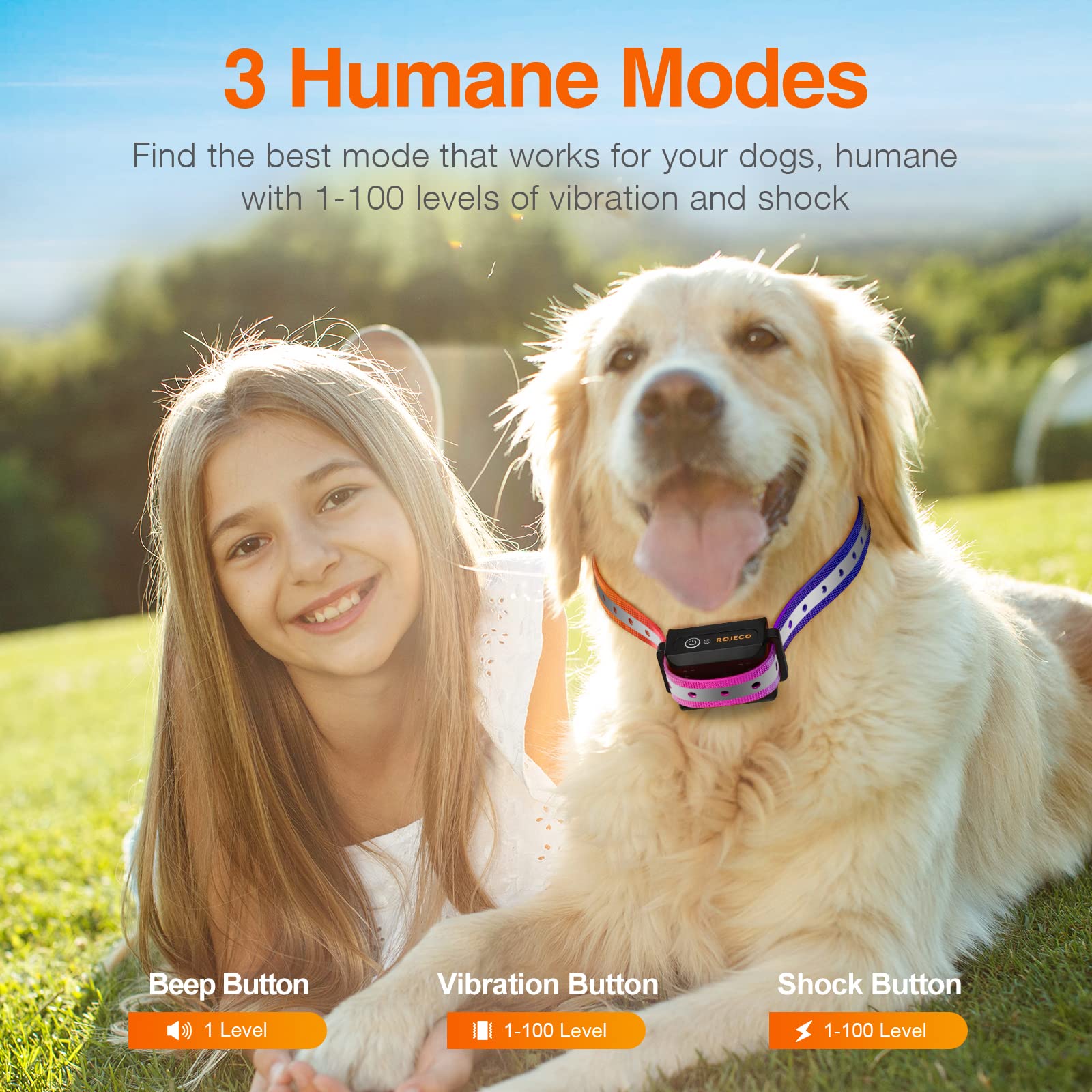 ROJECO Dog Training Collar - 3300FT Remote, IPX7 Waterproof, Rechargeable, Beep, Vibration, Shock, Adjustable, Purple