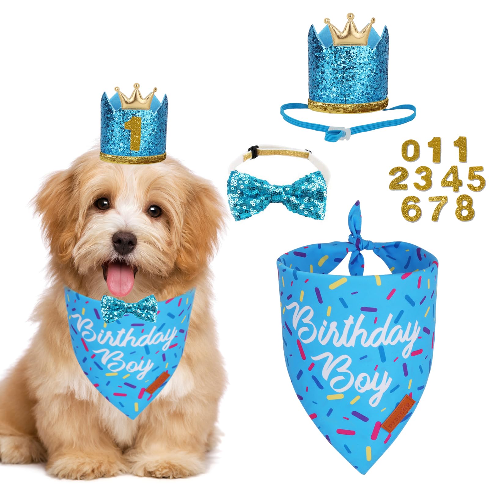 Ptdecor Dog Birthday Party Supplies, Multi Size Birthday Boy Bandana, Blue Crowns Dog Hat Set For Small Pets (Small)