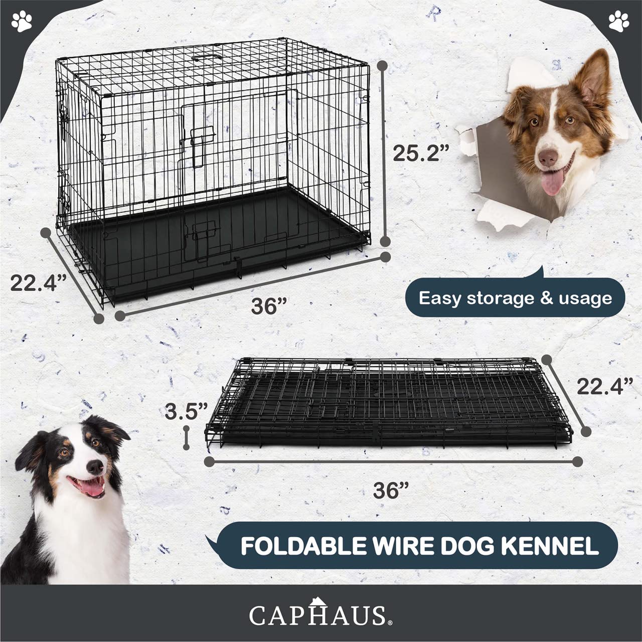 Caphaus Foldable Dog Crate Wire Metal Kennel W/Leak-Proof Pan & Protecting Feet & Divider Panel, Single Or Double Door, Small, Medium & Large Dog Crate Indoor Wire Dog Cage, 36?W/Double Doors