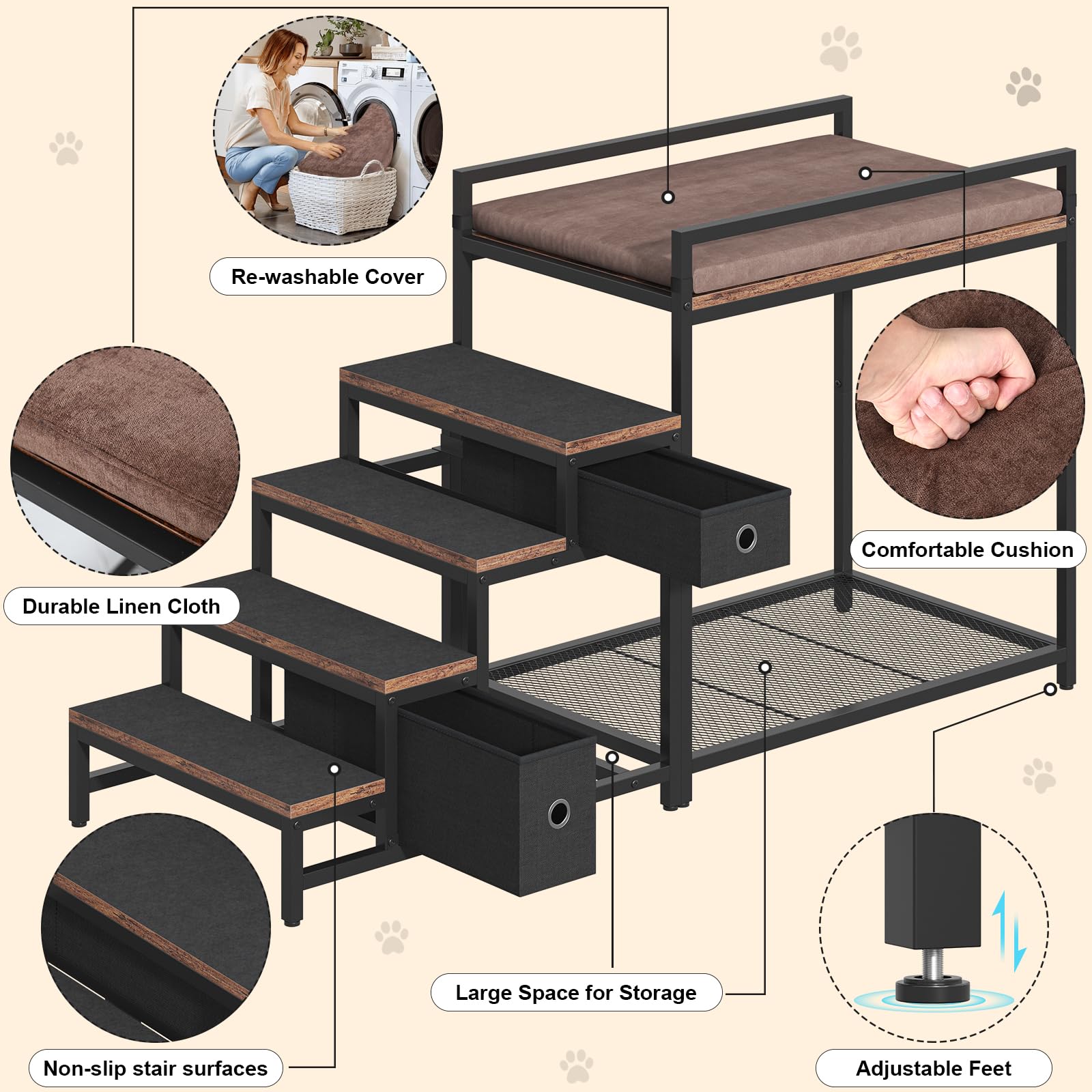 Saudism Pet Bunk Bed With Stairs And Storage, Dogs/Cats Window Perch, Bedside Lounge Elevated Dog Bed Multi-Level Platform With