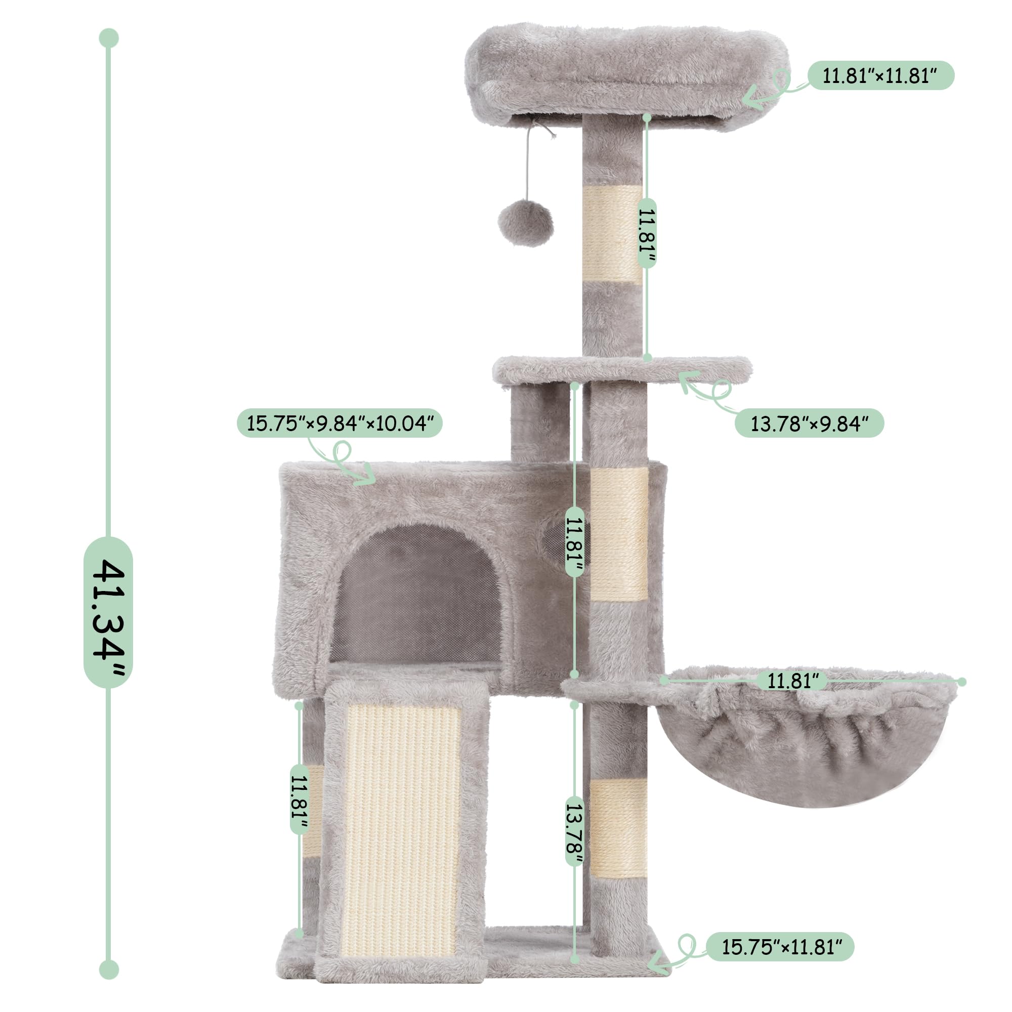 Gitelsnour Cat Tree, Multi-Level Cozy Condo with 2 Perches, Hammock, Scratching Board, 41.3" Light Gray, Model GCT005SW