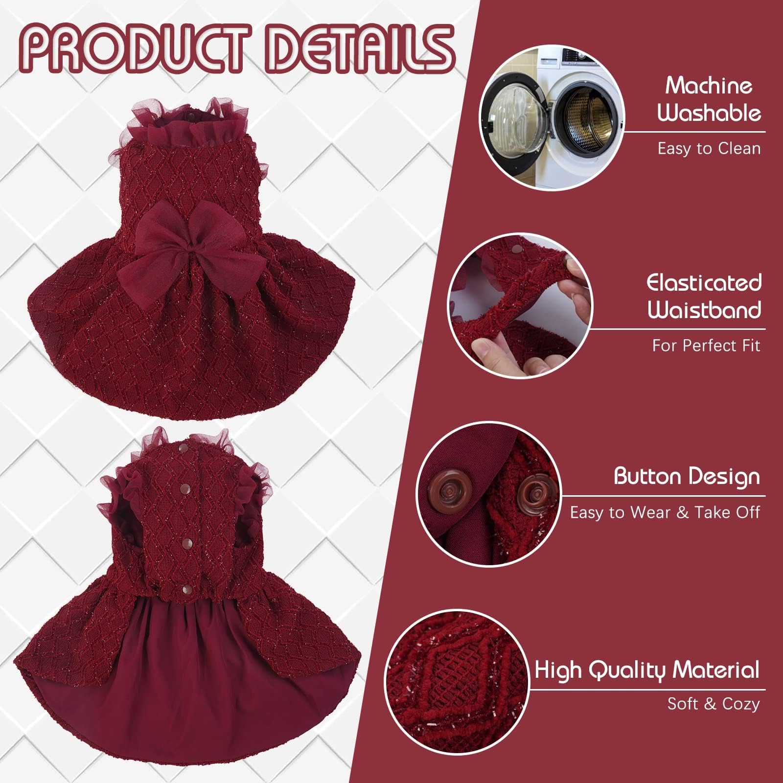 Kuoser Dog Dress, Dog Dresses For Medium Dogs, Cute Puppy Dress With Bow-Knot Girl Princess Dog Tutu Dress Costume Pet Outfit Cat Clothes For Birthday Party Christmas Wedding, Red Medium