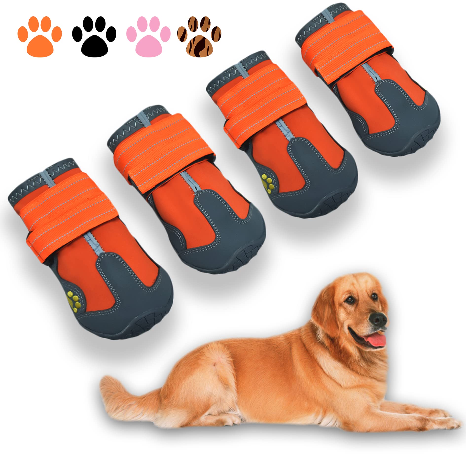 Xsy&G Dog Boots,Waterproof Dog Shoes,Dog Booties With Reflective Strips Rugged Anti-Slip Sole And Skid-Proof,Outdoor Dog Shoes For Medium Large Dogs 4Pcs Orange-Size 8