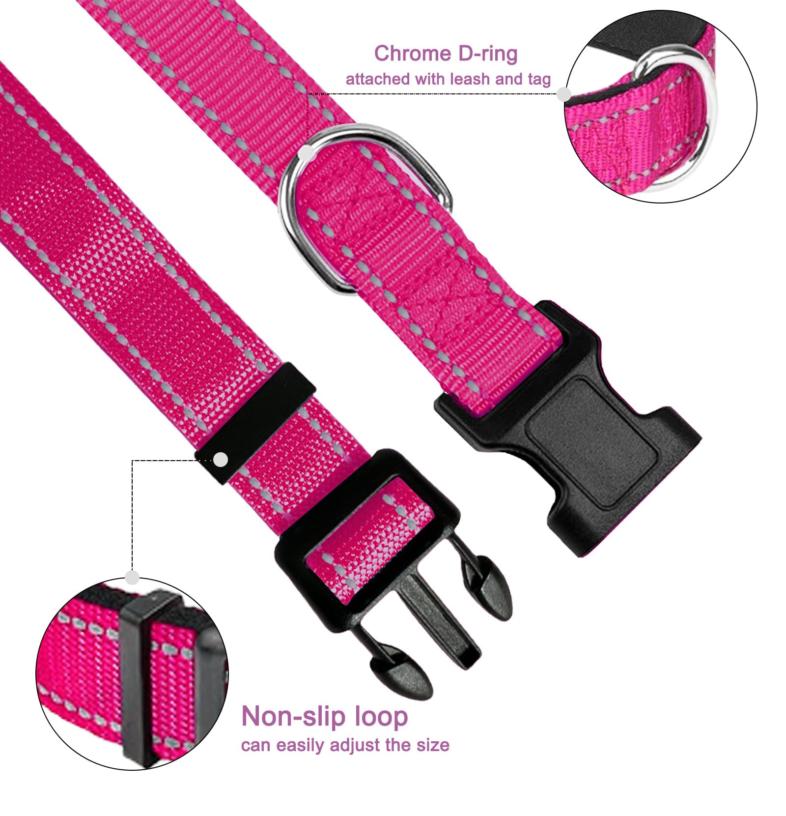 Xs Dog Collar, Reflective Pet Collar With Buckle Adjustable Safety Nylon Collars For Small Medium Large Dogs, Hot Pink