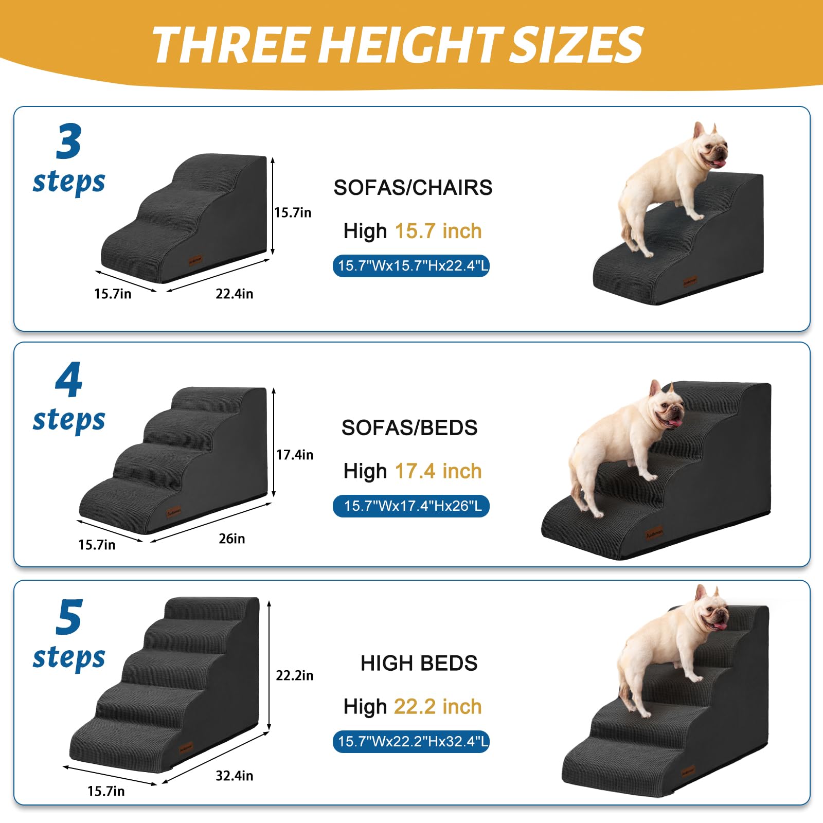 Aodisman 3-Step Dog Ramp and Stairs for Sofa and Chair - Non-Slip Sturdy Pet Steps for Small Dogs and Cats,15.7 H,Black