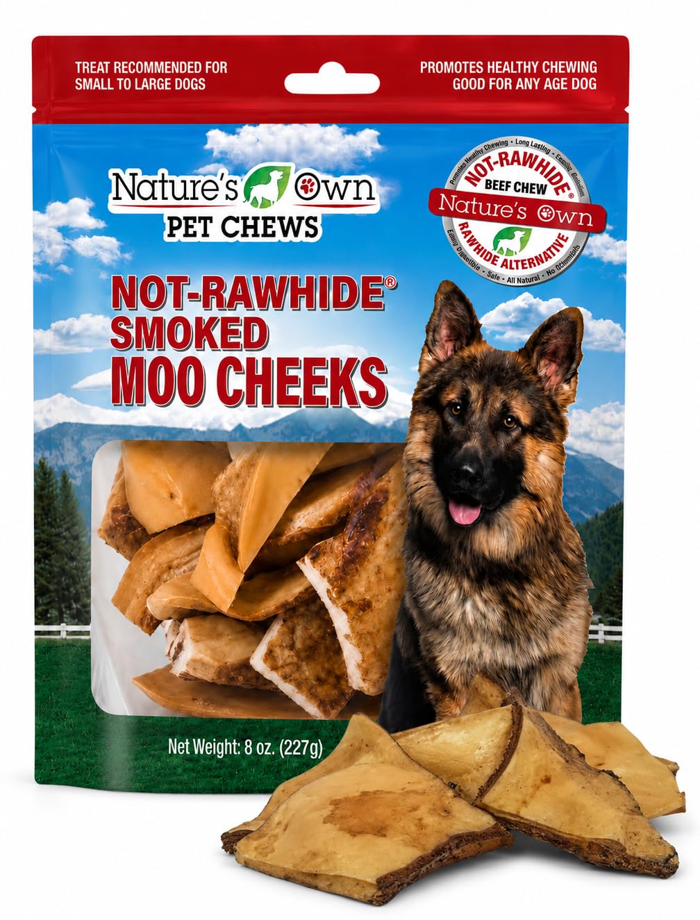 Natures Own Not-Rawhide Moo Cheeks Dog Chews 8 oz | Made in USA | Natural Digestible Smoked Beef Cheek Treats for Aggressive Ch