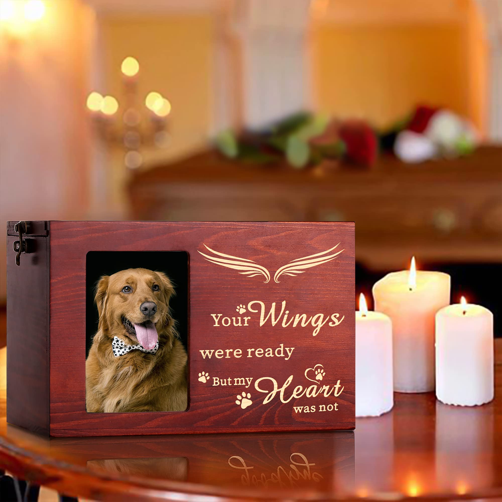 Pet Memorial Urns For Dog Or Cat Ashes, Large Wooden Funeral Cremation Urns With Photo Frame, Memorial Keepsake Memory Box With Black Flannel As Lining, Loss Pet Memorial Remembrance Gift