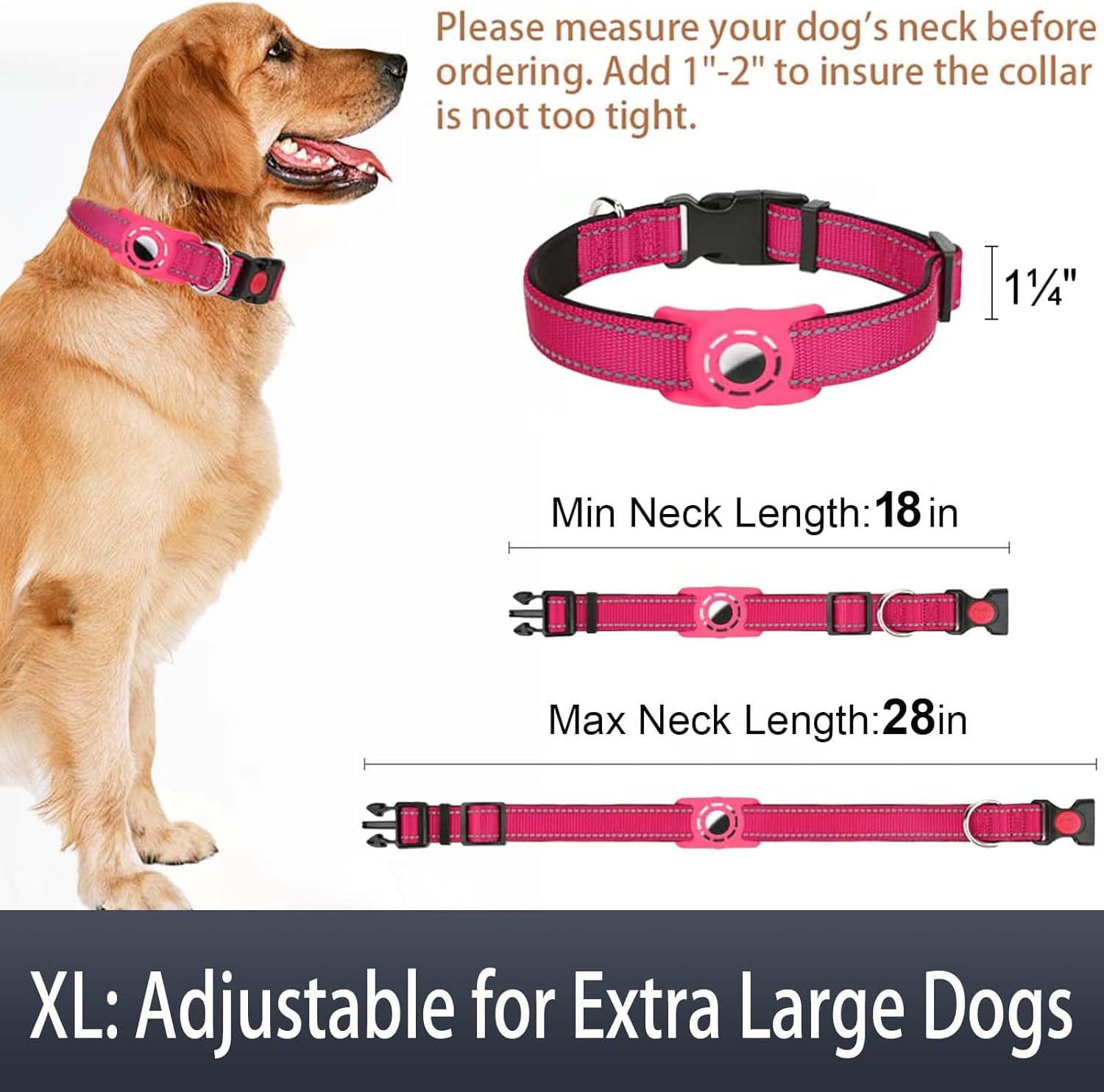 Erbine Airtag Dog Collar For Large Dogs, Reflective Dog Collars With Airtag Holder, Soft Padded & Safety Locking Buckle, Nylon Pet Collar Adjustable For All Breeds, Hotpink