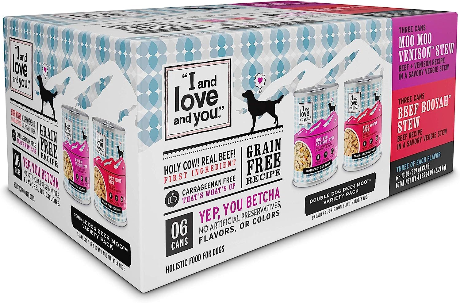 I AND LOVE AND YOU Wet Dog Food - Double Dog Deer Moo Variety Pack - Beef + Venison, Grain Free, Filler Free 13oz can, 6pk